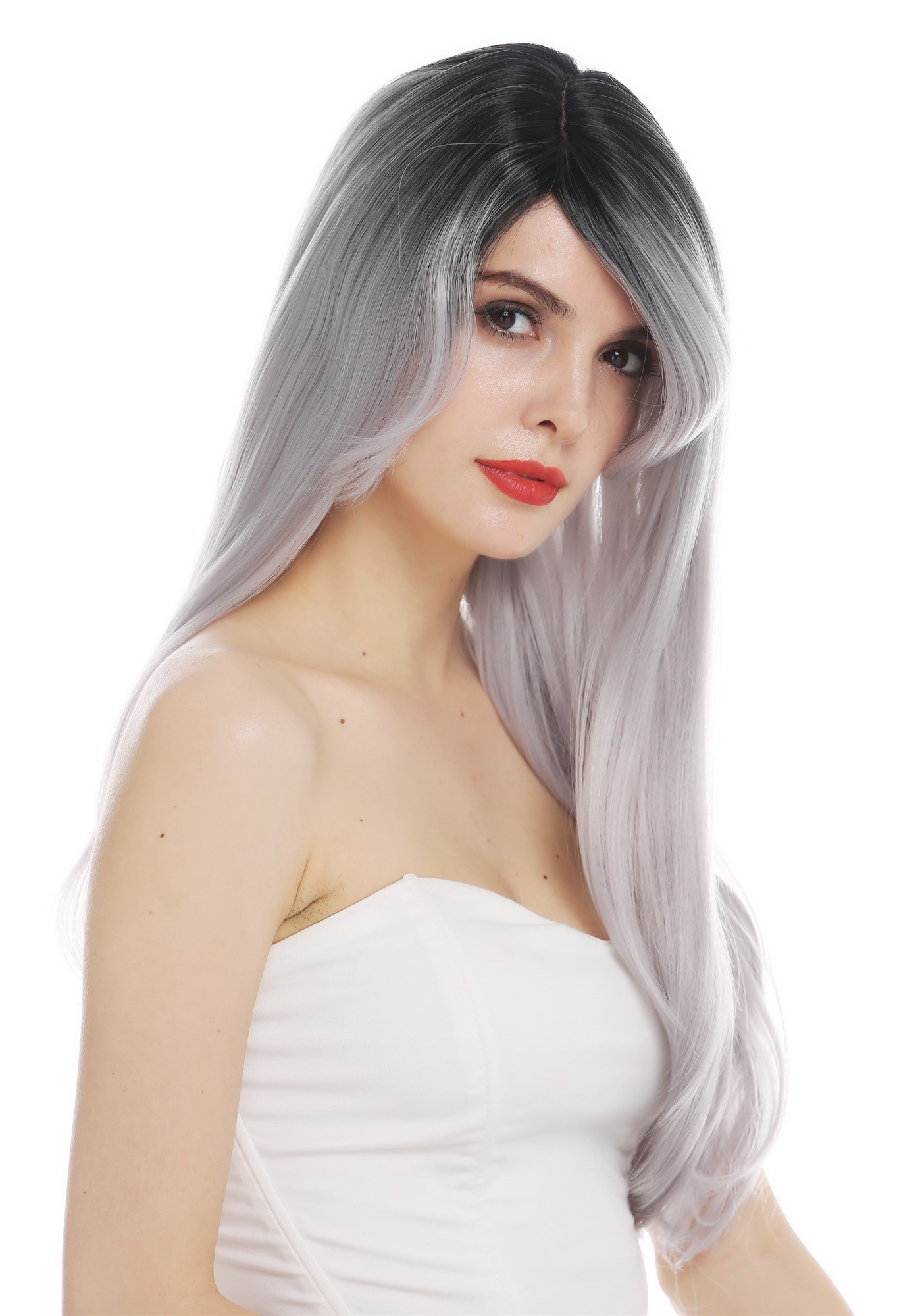 hochwertige Qualitätsperücken, Perücke lang glatt Scheite Ombre Schwarz Grau lRGF-6470C-DXR2PKW-grey, Ansicht 2, WIG ME UP: Ihr Perücken Online Shop glatte Tressen-Perücke mit Kopfhaut-Imitat Schwarz-Grau-Mix lange Haare für Damen