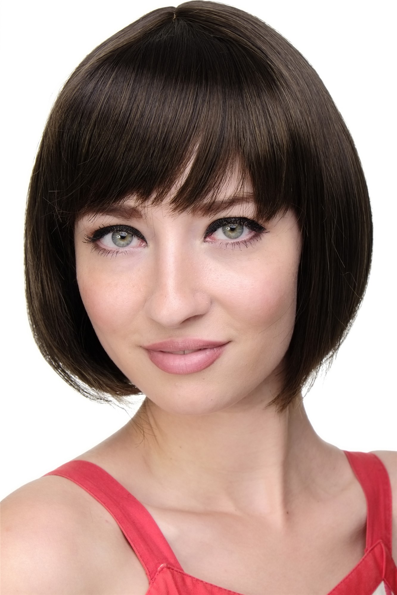 hochwertige Qualitätsperücken, Sexy Damen Bob Perücke glatte kurze Haare mit Pony Braun-Mix 703-4T8, Vorderansicht, WIG ME UP: Ihr Perücken Online Shop glatte Tressen-Perücke mit Kopfhaut-Imitat Dunkelbraun-Mittel-Aschbraun kurze Haare für Damen