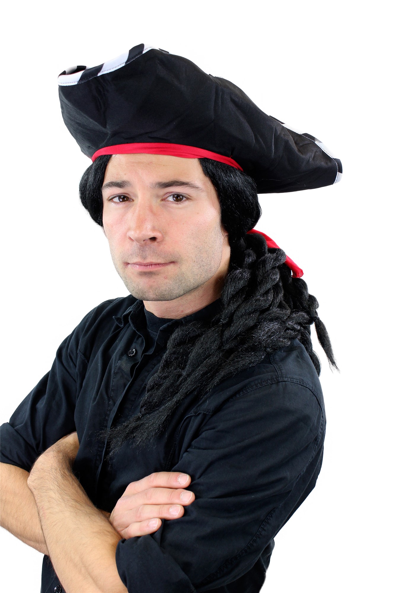 günstige Party Perücke, Piraten Set: Hut Bart & schwarze Perücke geflochtene Zöpfe Dreadlocks 68903-103, Vorderansicht, WIG ME UP: Ihr Perücken Online Shop geflochtene Party Perücke Schwarz lange Haare Unisex