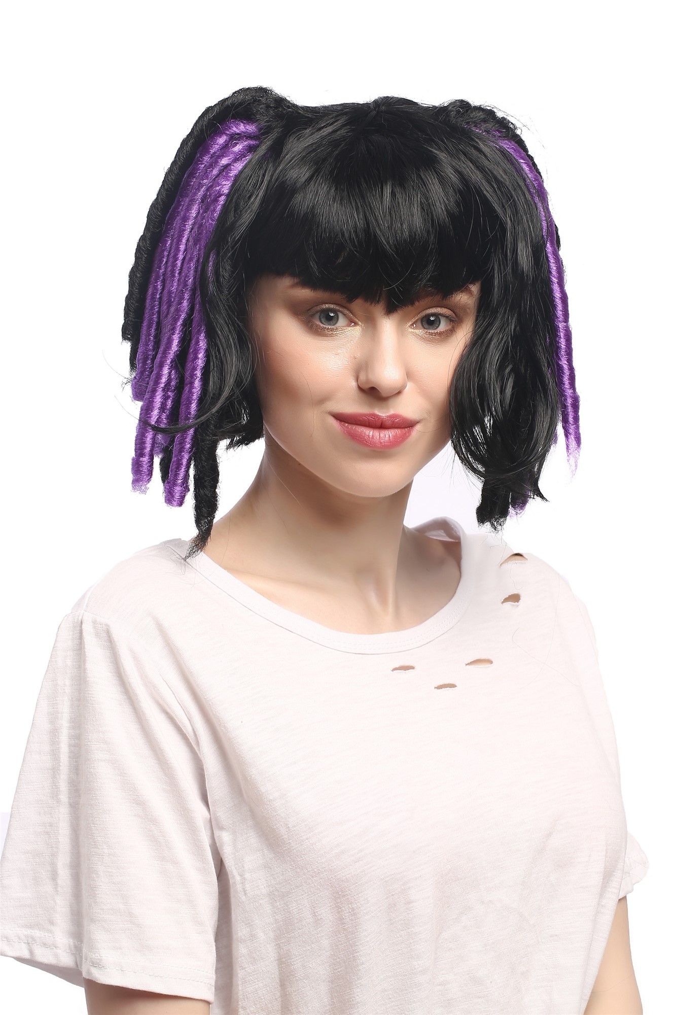 günstige Party Perücke, Perücke Zöpfe Schwarz Violett Cosplay 3160-P103-P08A, Ansicht 3, WIG ME UP: Ihr Perücken Online Shop lockige Party Perücke Schwarz kurze Haare für Damen