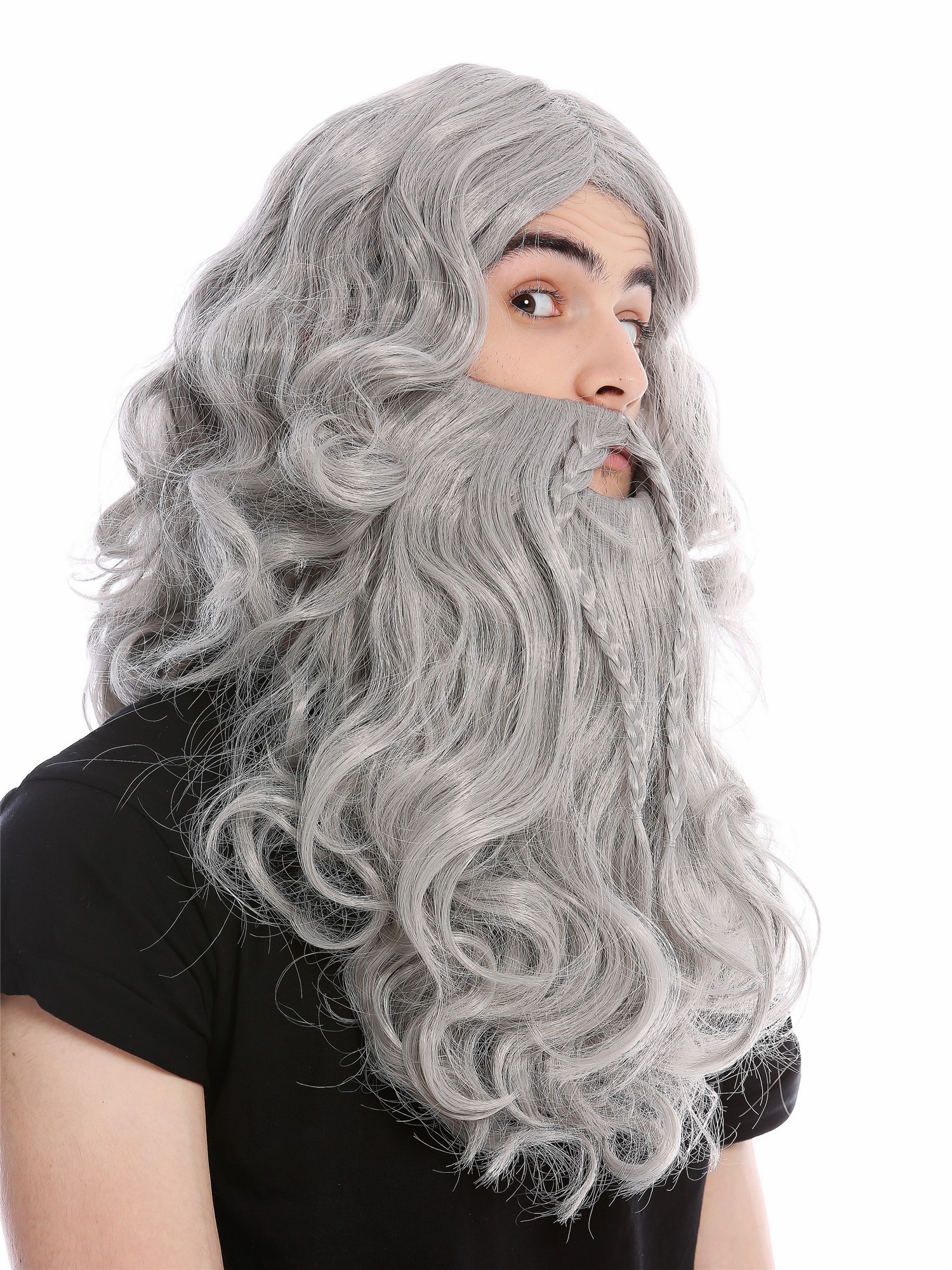 Wig Beard Set braided long wild Viking Barbarian Dwarf Grey Gray 90760-A+B, front view, WIG ME UP: Your Perücken Online Shop Party Wig, Men, Grey, Braided, long