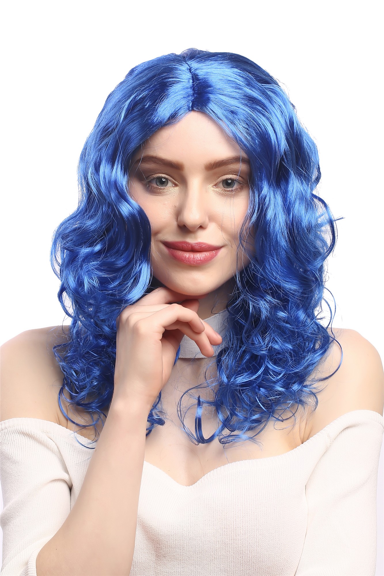 Lady Party Wig Halloween Fancy Dress long very voluminous curly curls middle-parting blue 20", front view, WIG ME UP: Your Perücken Online Shop Party Wig, Ladies, neon blue, curled, long