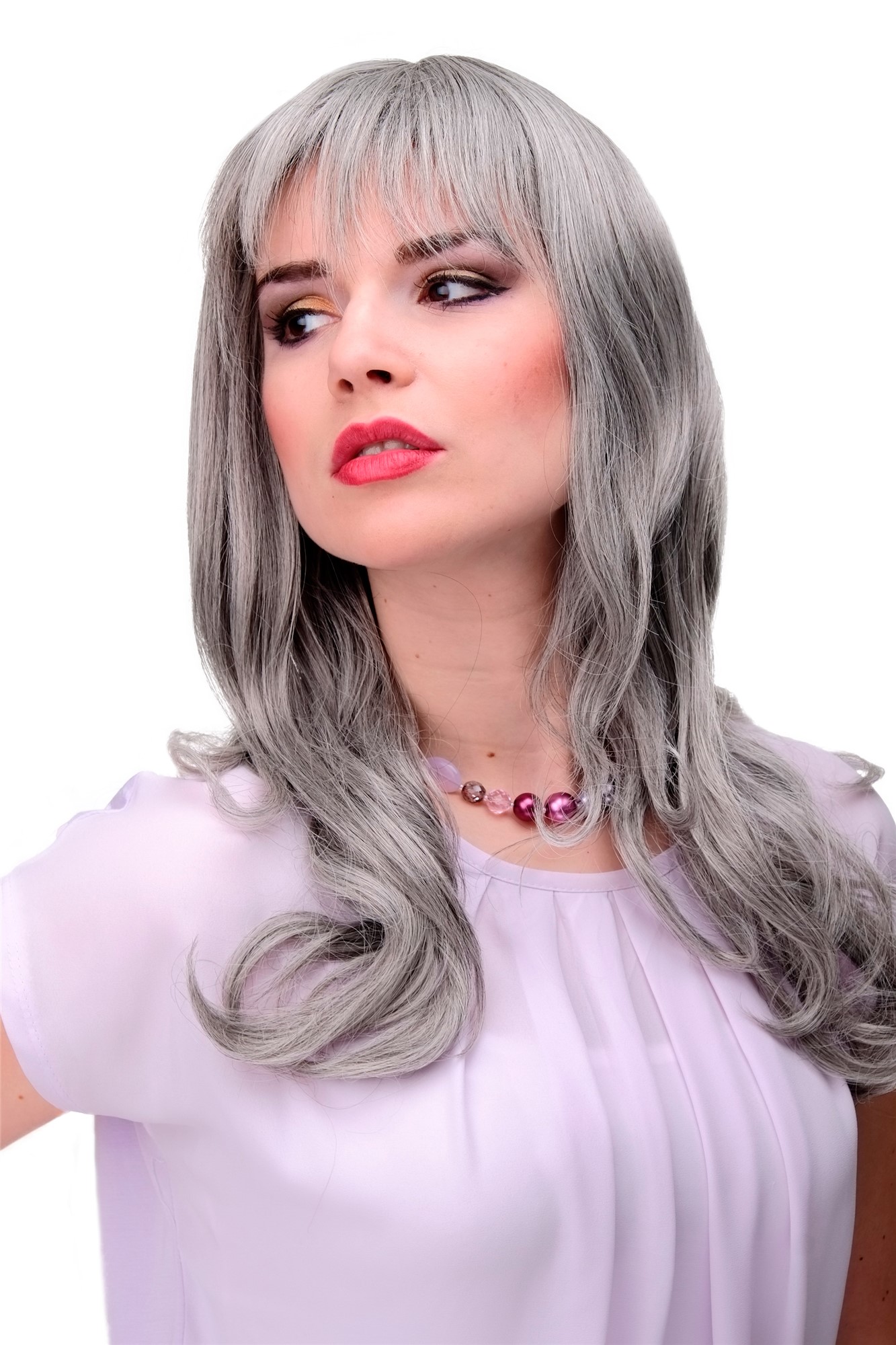 hochwertige Qualitätsperücken, Elegante Damen Perücke lange lockige Haare Pony Grau Hellgrau-Mix 3001-51, Vorderansicht, WIG ME UP: Ihr Perücken Online Shop wellige Tressen-Perücke mit Kopfhaut-Imitat Grau lange Haare für Damen