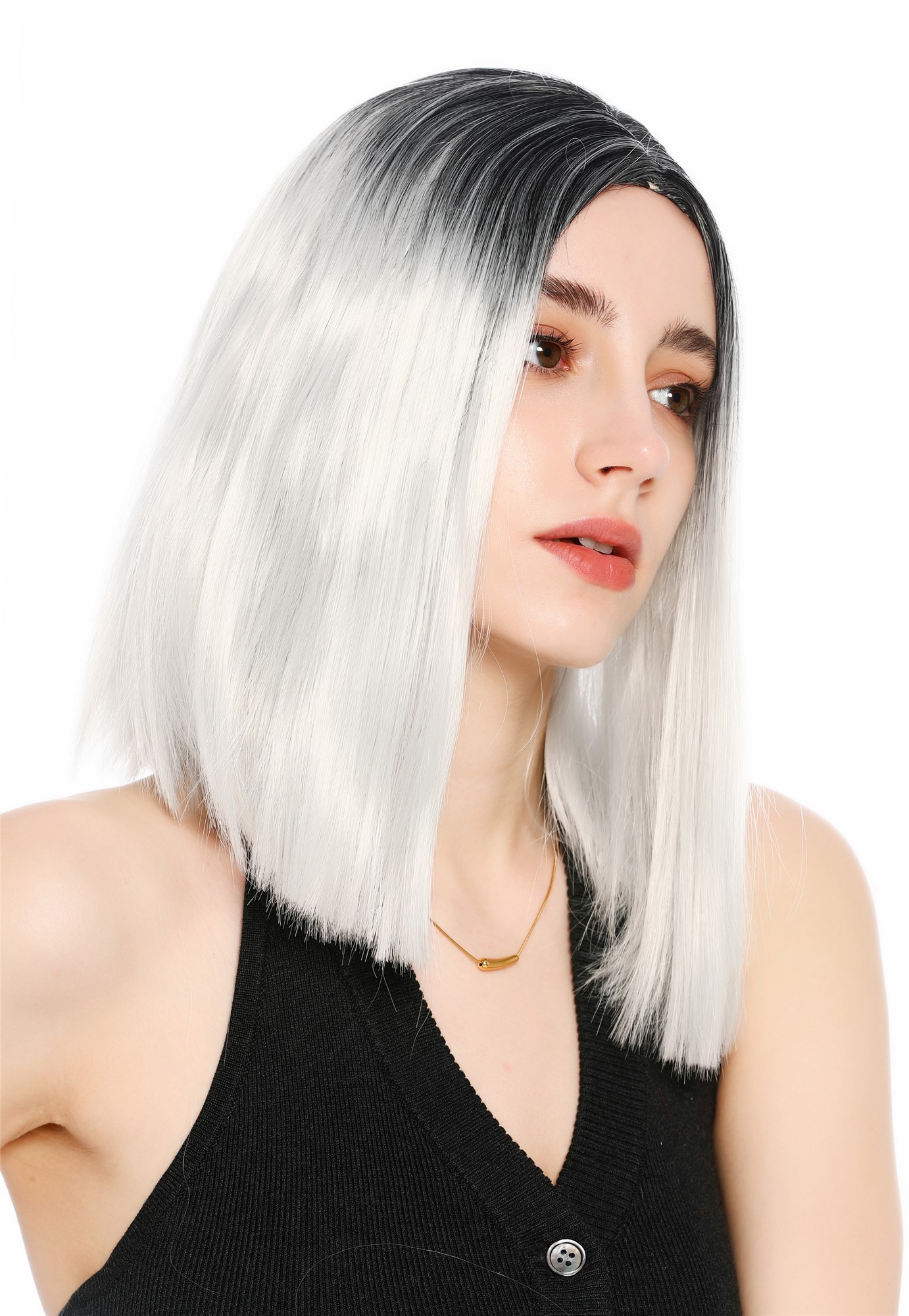Perücke Damen Mittelscheitel schulterlang glatt Ombre Schwarz Hellgrau GFW4029S-silvergray+1B