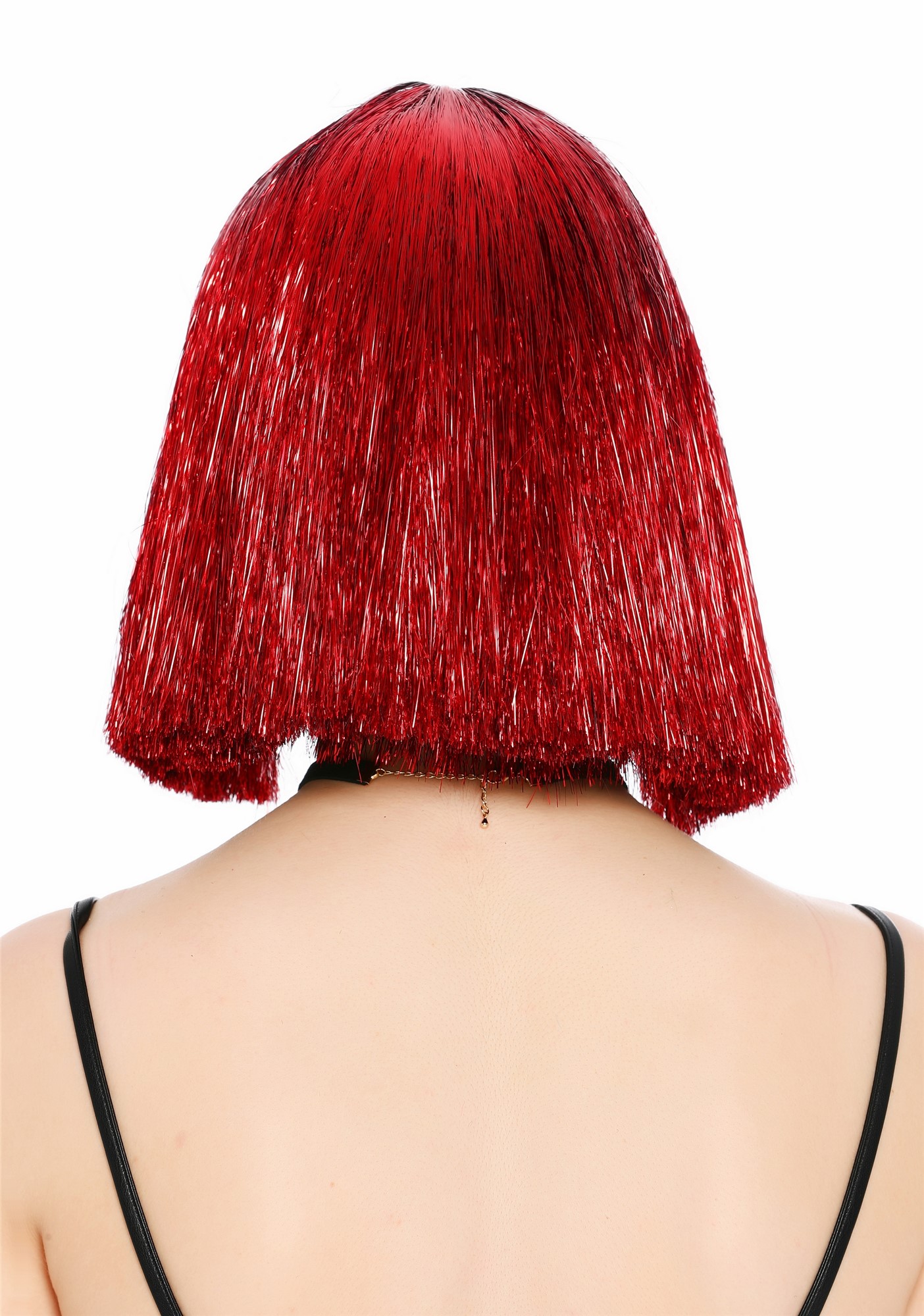 Perücke Damen Glitzer Lametta Tinsel Look Longbob Pony Disco Glam Rot VK-42-TN6