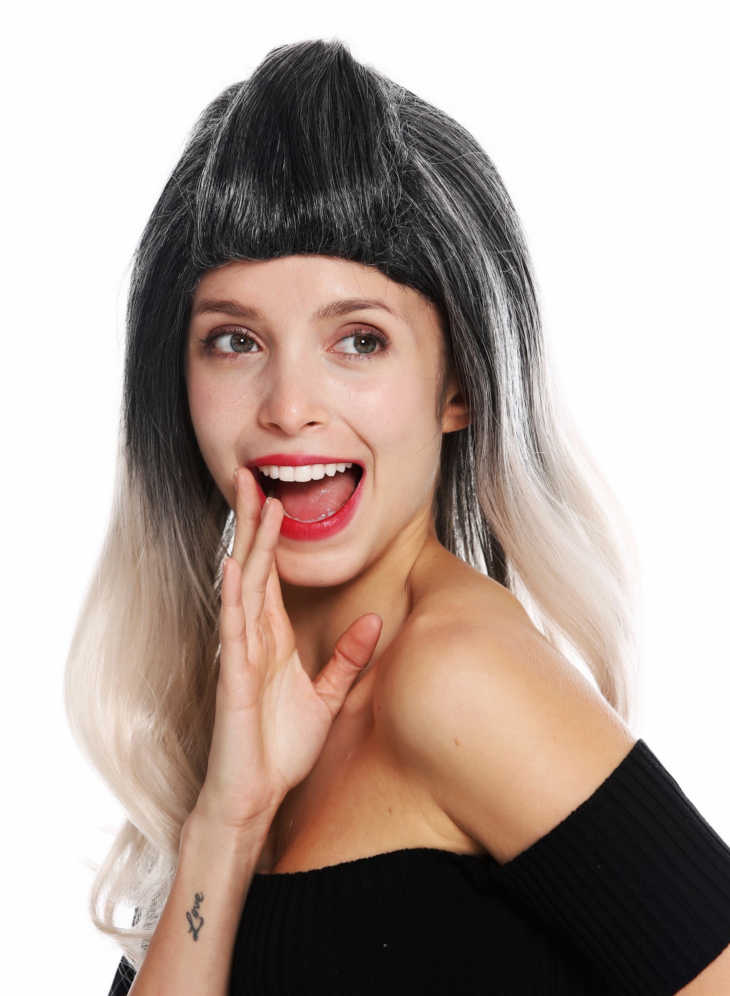 hochwertige Qualitätsperücken, Perücke lang Zopf zurückgekämmt Ombre Schwarz Rosa GFW3132-1TG216, Ansicht 3, WIG ME UP: Ihr Perücken Online Shop glatte Tressen-Perücke Schwarz-Rosa-Mix lange Haare für Damen