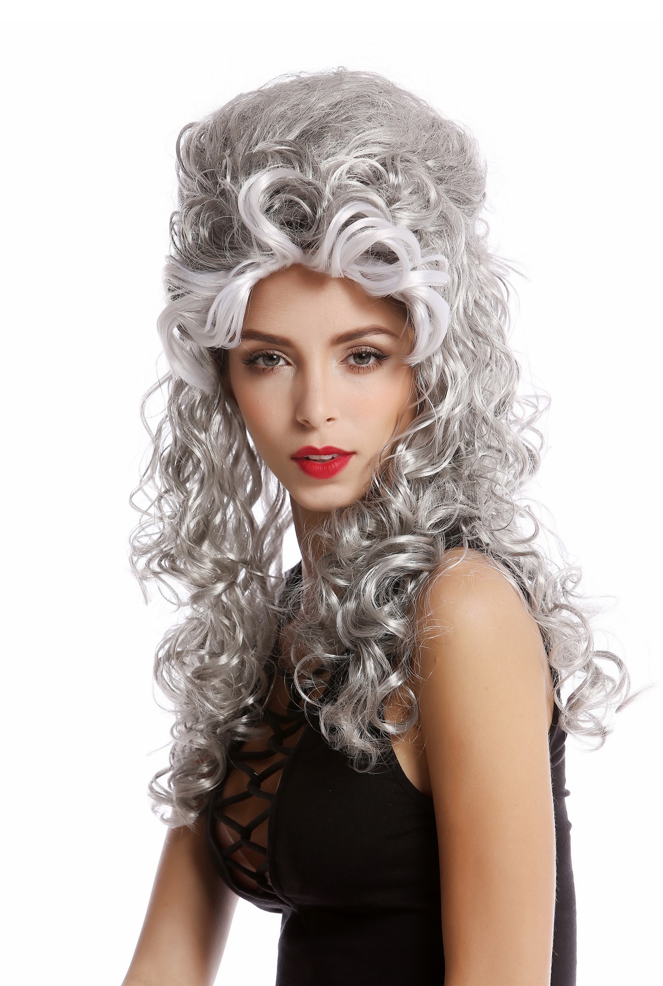 Wig Ladies Women Cosplay Baroque Renaissance Beehive long curls black silvery grey white streaks, view 2, WIG ME UP: Your Perücken Online Shop Party Wig, Ladies, Grey, curled, long