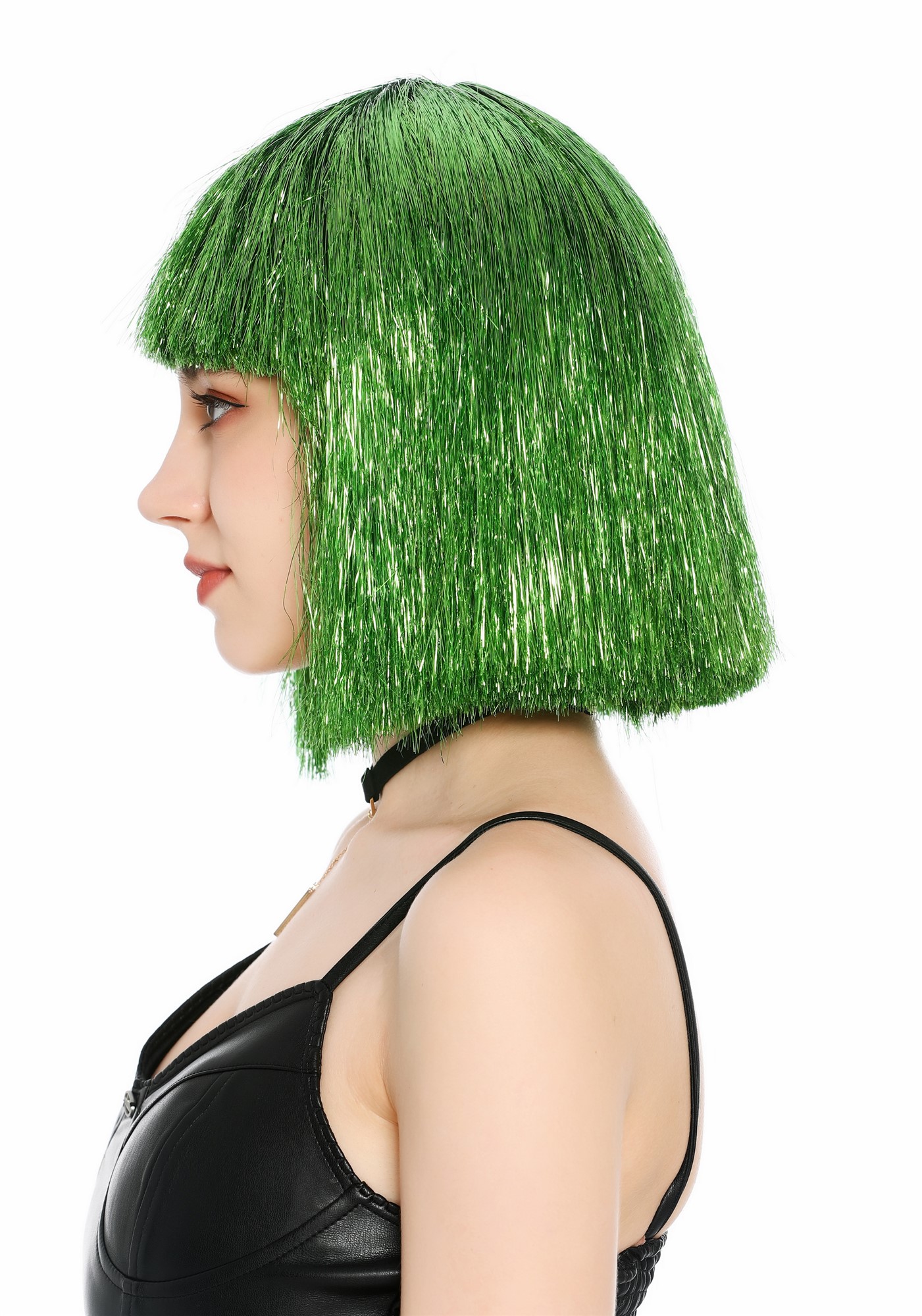 Perücke Damen Glitzer Lametta Tinsel Look Longbob Pony Disco Glam Grün VK-42-TN11