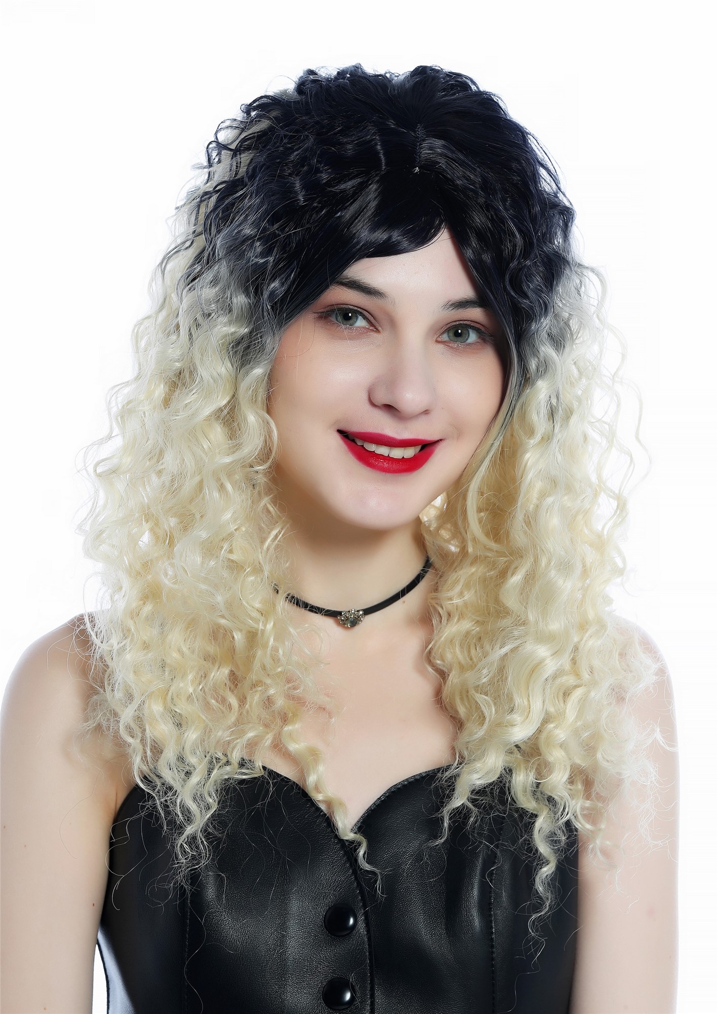 Women's wig long curled kinks kinked Ombre black roots platinum blonde ZM-1018, front view, WIG ME UP: Your Perücken Online Shop Quality Wigs, Ladies, black-platinum blonde gradient, curled, long