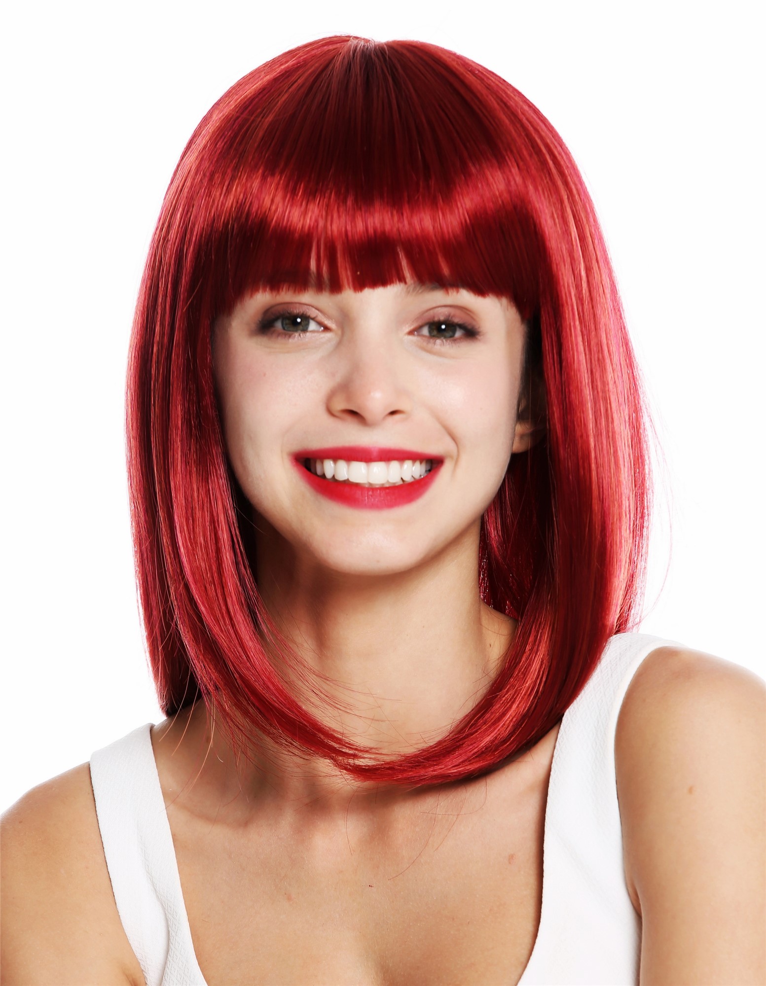 Women's wig shoulder length sleek straight longbob bangs fringe bright red VK-49, front view, WIG ME UP: Your Perücken Online Shop Quality Wigs, Ladies, garnet red, straight, shoulder-length