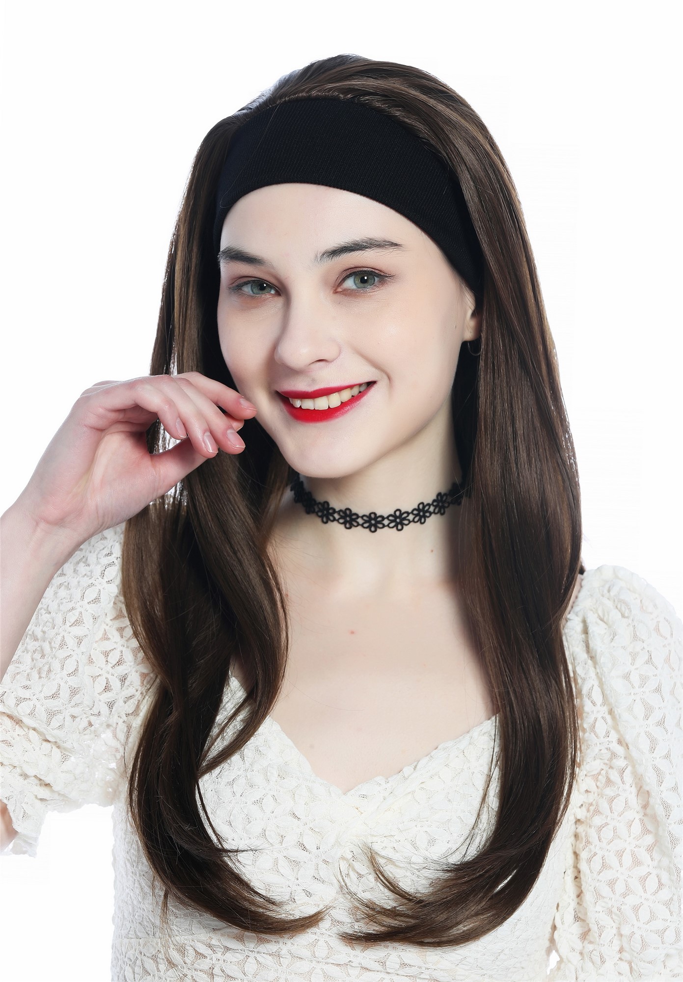 hochwertige Qualitätsperücken, Perücke Halbperücke Stirnband lang glatt braun aschbraun H9306-8, Vorderansicht, WIG ME UP: Ihr Perücken Online Shop glatte Tressen-Perücke mit Stirnband Mittelbraun lange Haare für Damen