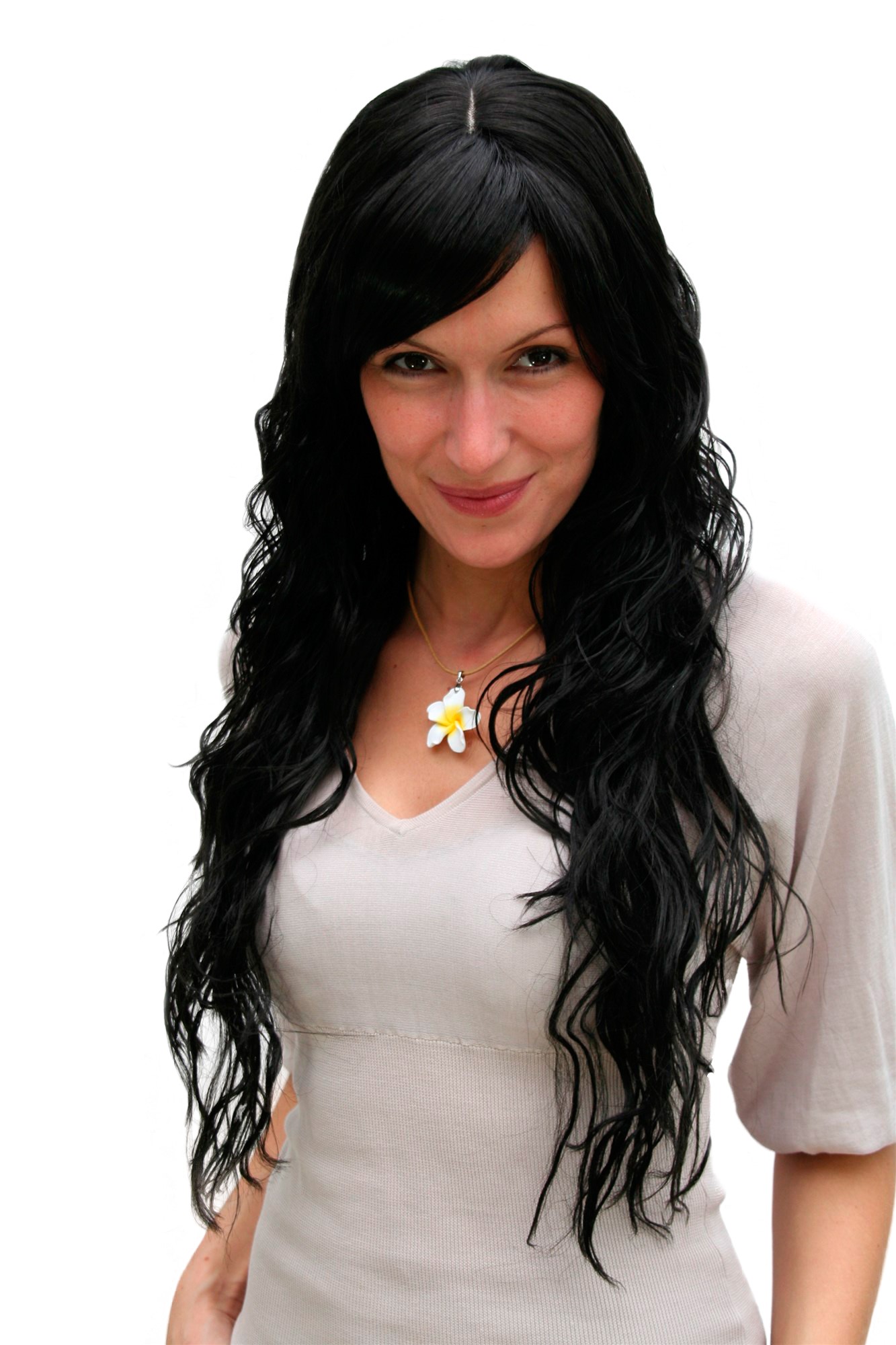 hochwertige Qualitätsperücken, Perücke schwarz langhaarig Scheitel 9333-2, Vorderansicht, WIG ME UP: Ihr Perücken Online Shop wellige Tressen-Perücke mit Kopfhaut-Imitat Schwarzbraun sehr lange Haare für Damen