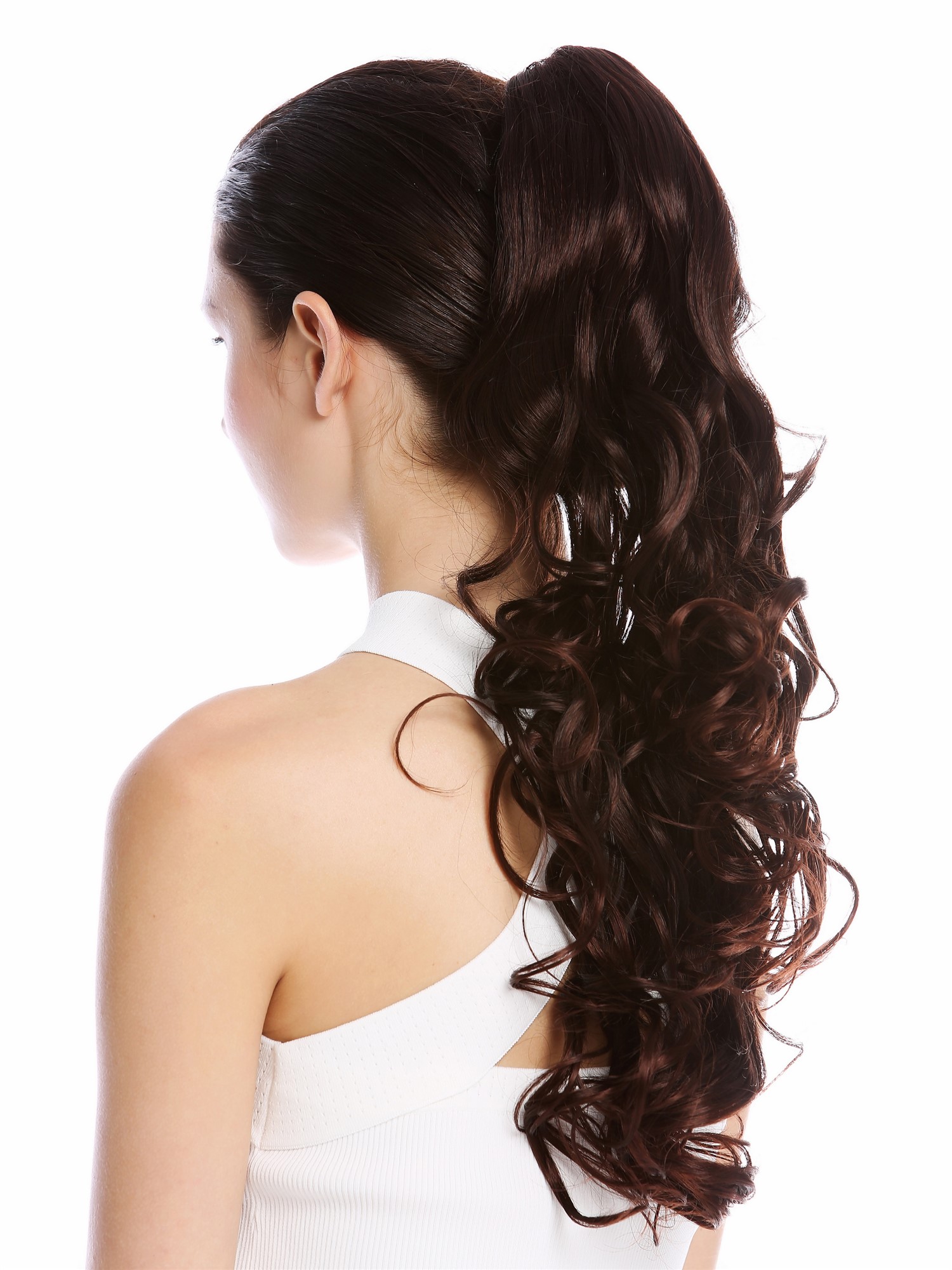 Ponytail long voluminous curled wild straggly wet look mahogany brown mix DM44, front view, WIG ME UP: Your Perücken Online Shop Ponytails, brown mix, curled, long