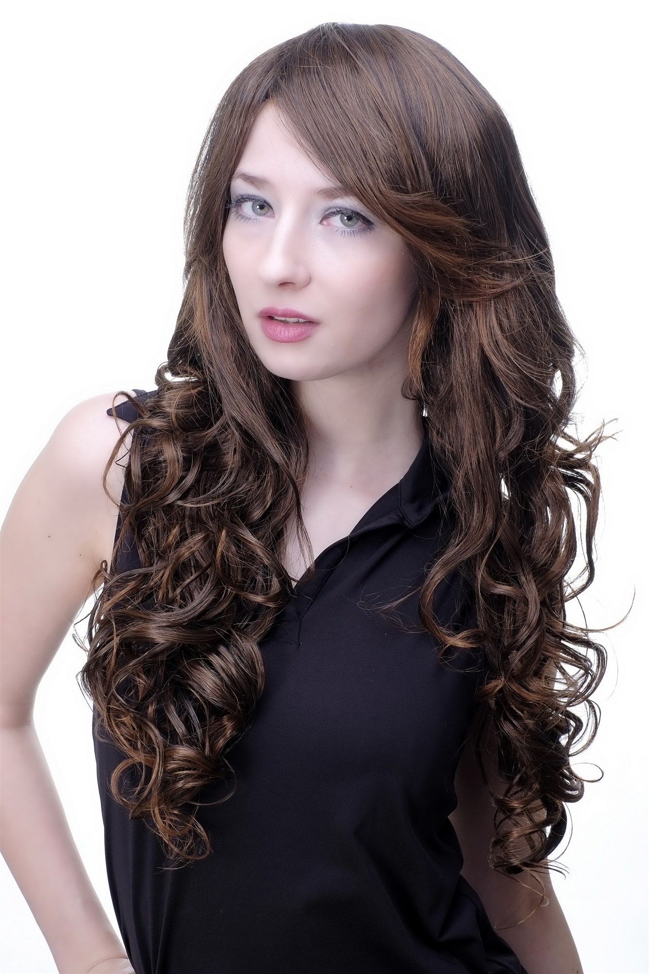 hochwertige Qualitätsperücken, Perücke Braun Kastanie lange lockige Haarpracht kess gescheitelt 9031-2T30, Vorderansicht, WIG ME UP: Ihr Perücken Online Shop lockige Tressen-Perücke mit Kopfhaut-Imitat Braun lange Haare für Damen