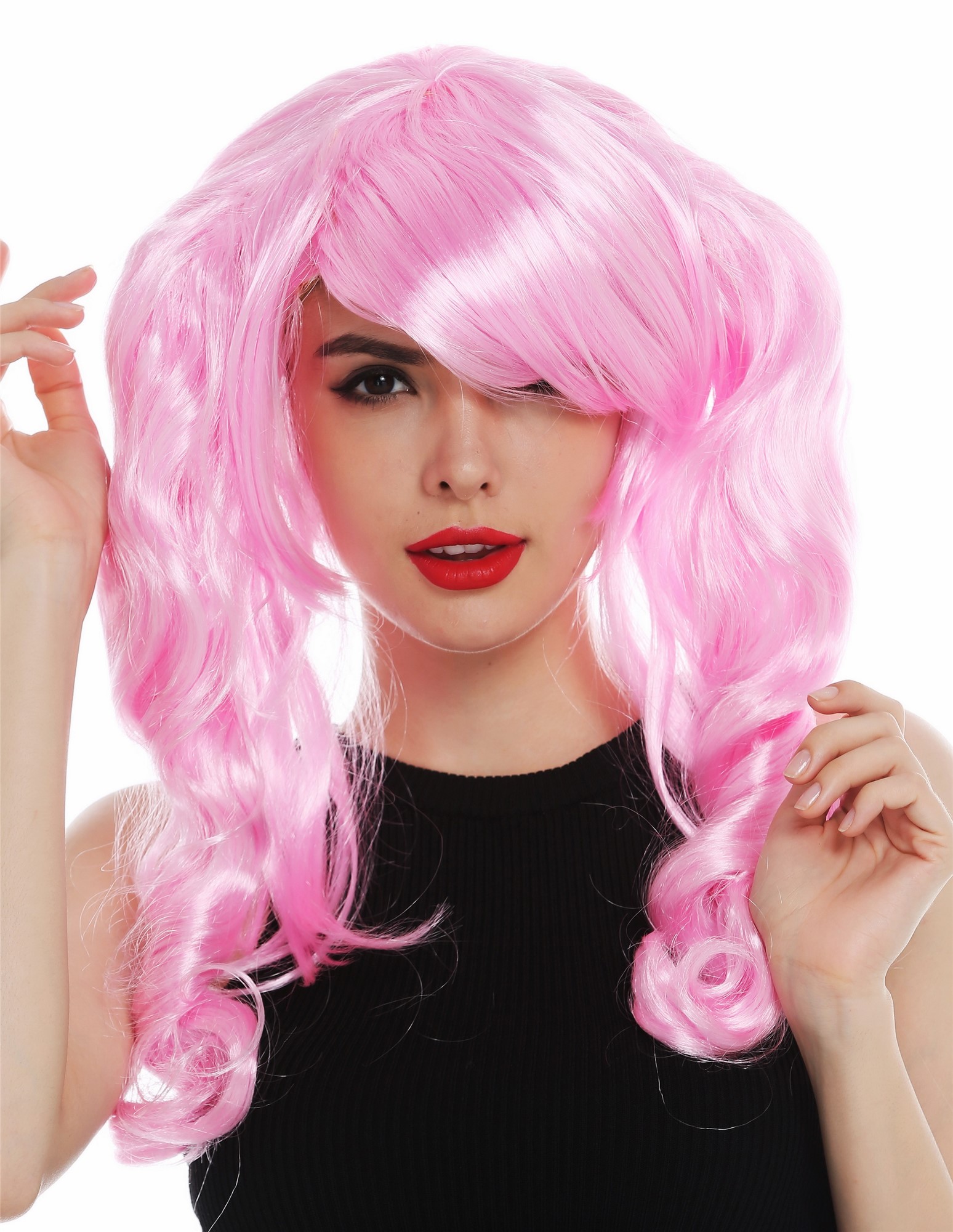 günstige Party Perücke, Perücke Zöpfe Pink Rosa Gothic Lolita 31651-PC28, Vorderansicht, WIG ME UP: Ihr Perücken Online Shop lockige Party Perücke Hellrosa schulterlange Haare für Damen