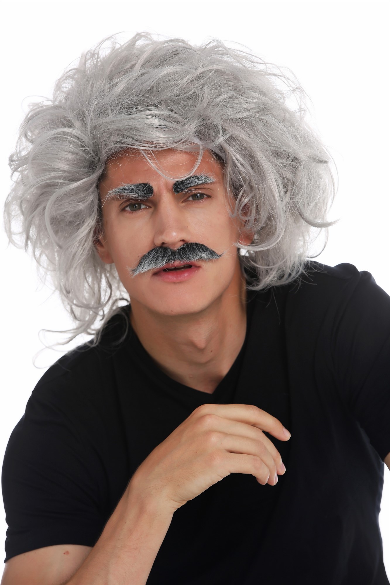 günstige Party Perücke, Perücke Schnauzbart Grau Wild Einstein Opa 31999-FR68A, Vorderansicht, WIG ME UP: Ihr Perücken Online Shop wellige Party Perücke Silbergrau schulterlange Haare für Herren