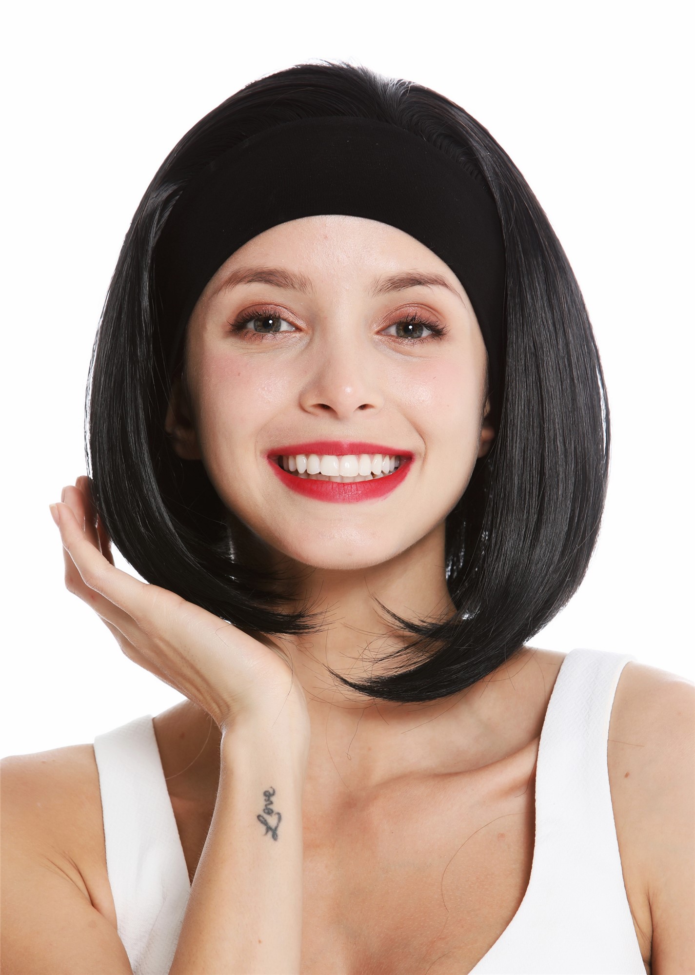 hochwertige Qualitätsperücken, Perücke Kurz Stirnband Retro Schwarz GFW948-H-1, Ansicht 2, WIG ME UP: Ihr Perücken Online Shop glatte Tressen-Perücke mit Gummizug und Stirnband Schwarz kurze Haare für Damen