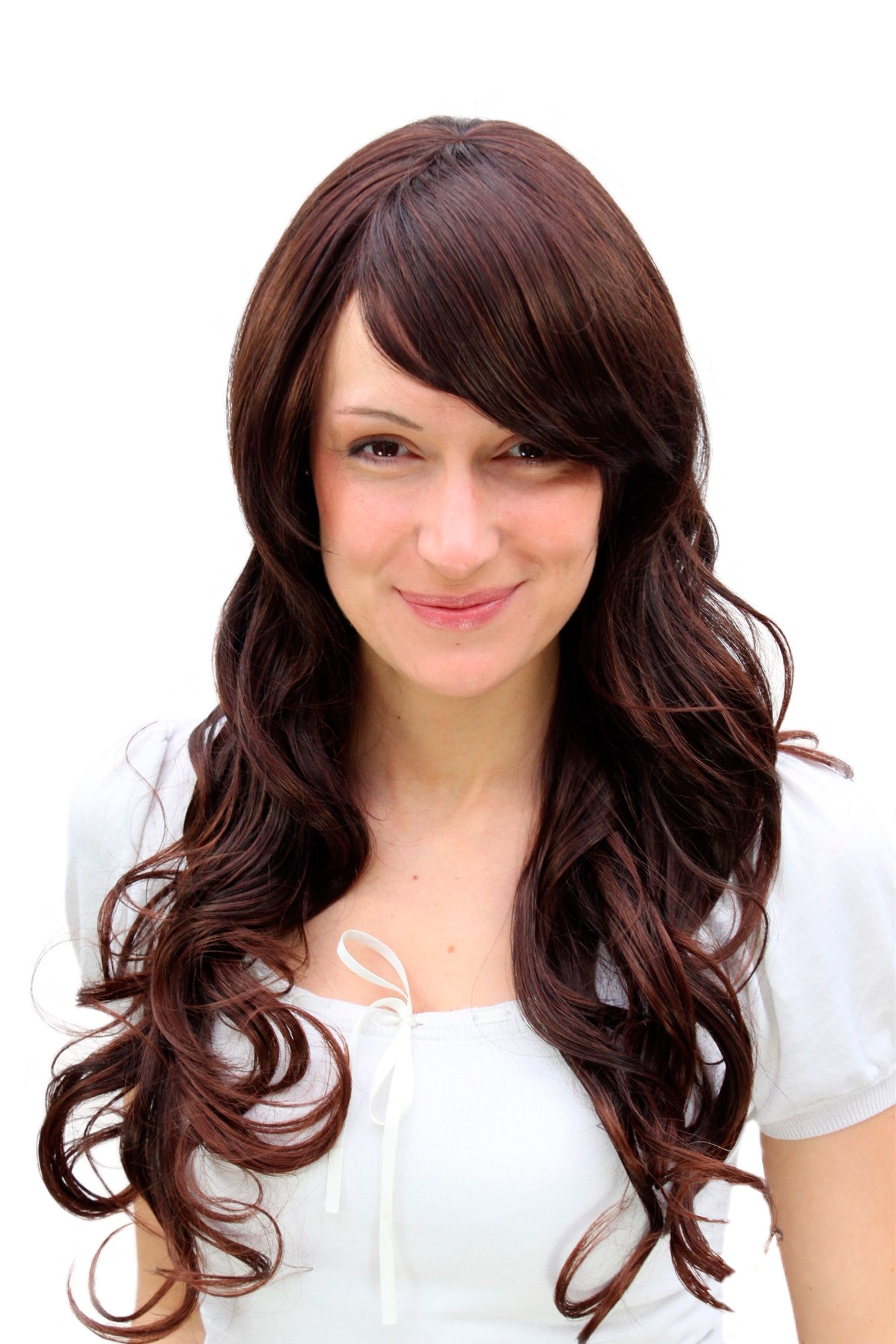 Lady  Wig naturally looking BROWN BRUNETTE MIX strands wavy soft curls, front view, WIG ME UP: Your Perücken Online Shop Quality Wigs, Ladies, Brown, curled, long