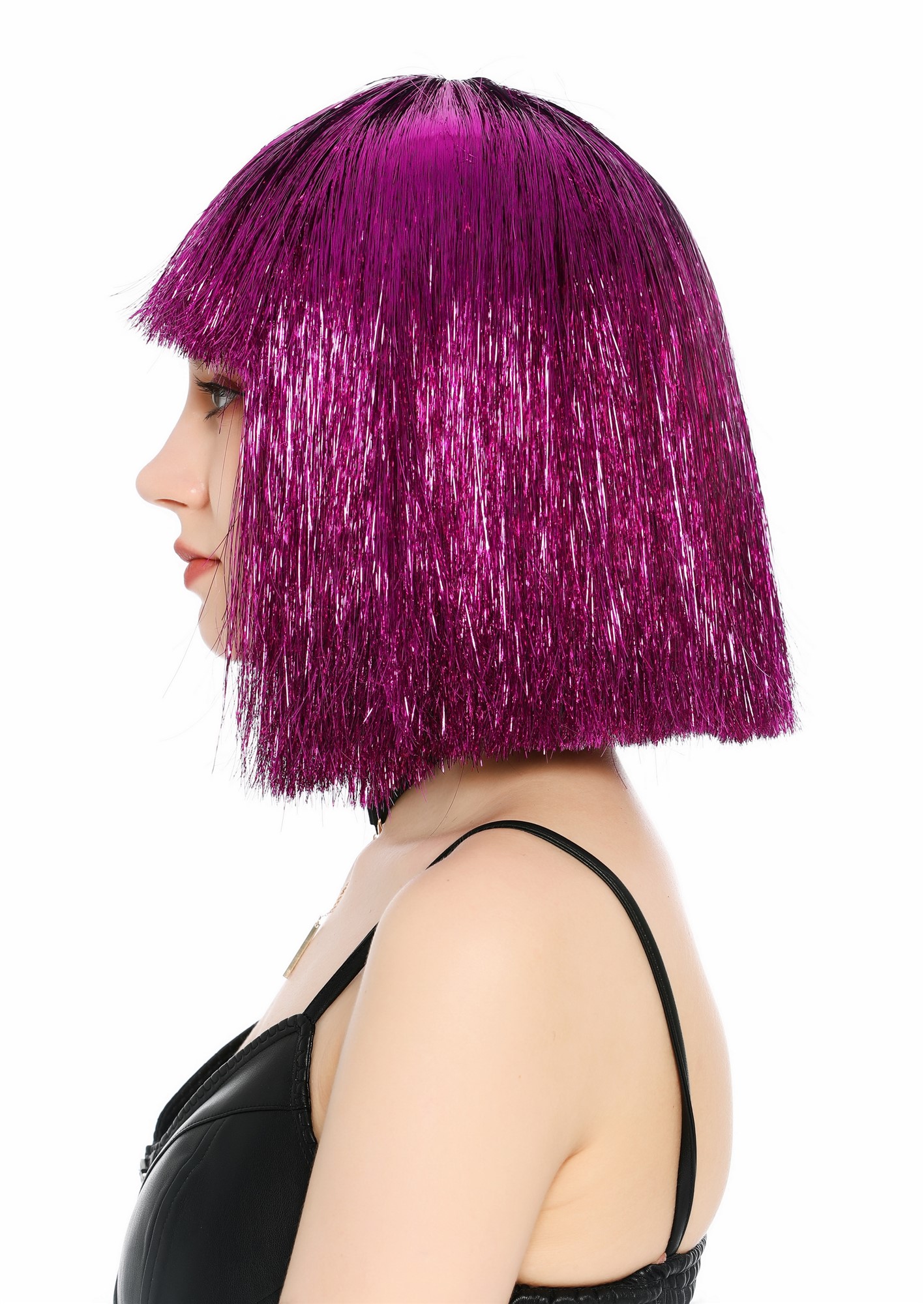 Perücke Damen Glitzer Lametta Tinsel Look Longbob Pony Disco Lila VK-42-TN19