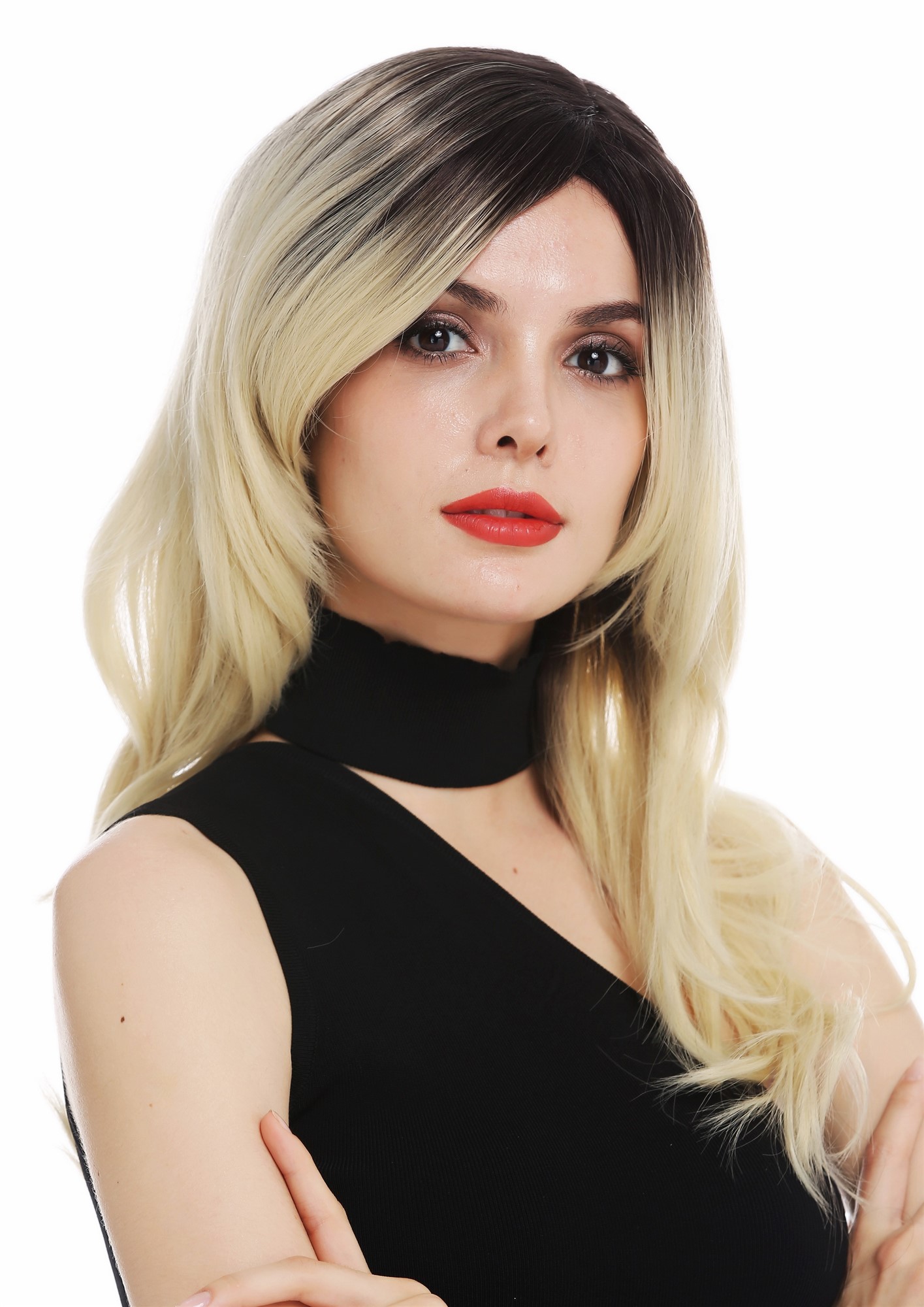 Lady wig mono long layered wavy parting ombre brown light blonde TYM-1191-MT, front view, WIG ME UP: Your Perücken Online Shop Quality Wigs, Ladies, blonde-brown mix, wavy, long