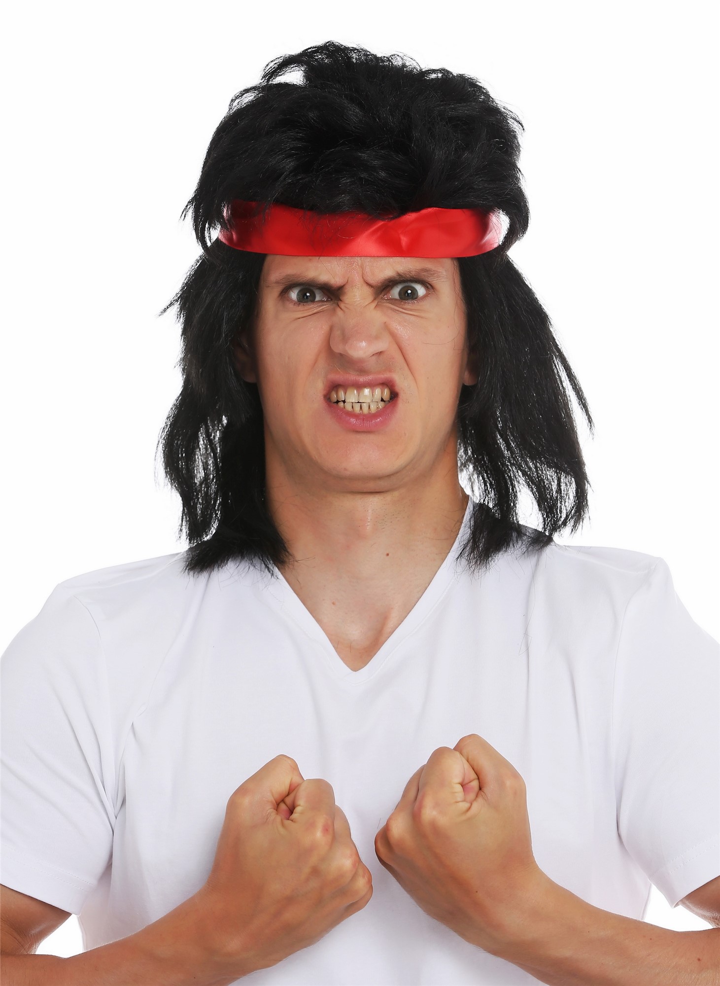 Wig & head band men long black mullet 80's action star fighter Kung Fu SARL001, view 2, WIG ME UP: Your Perücken Online Shop Party Wig, Men, pitch black, straight, shoulder-length