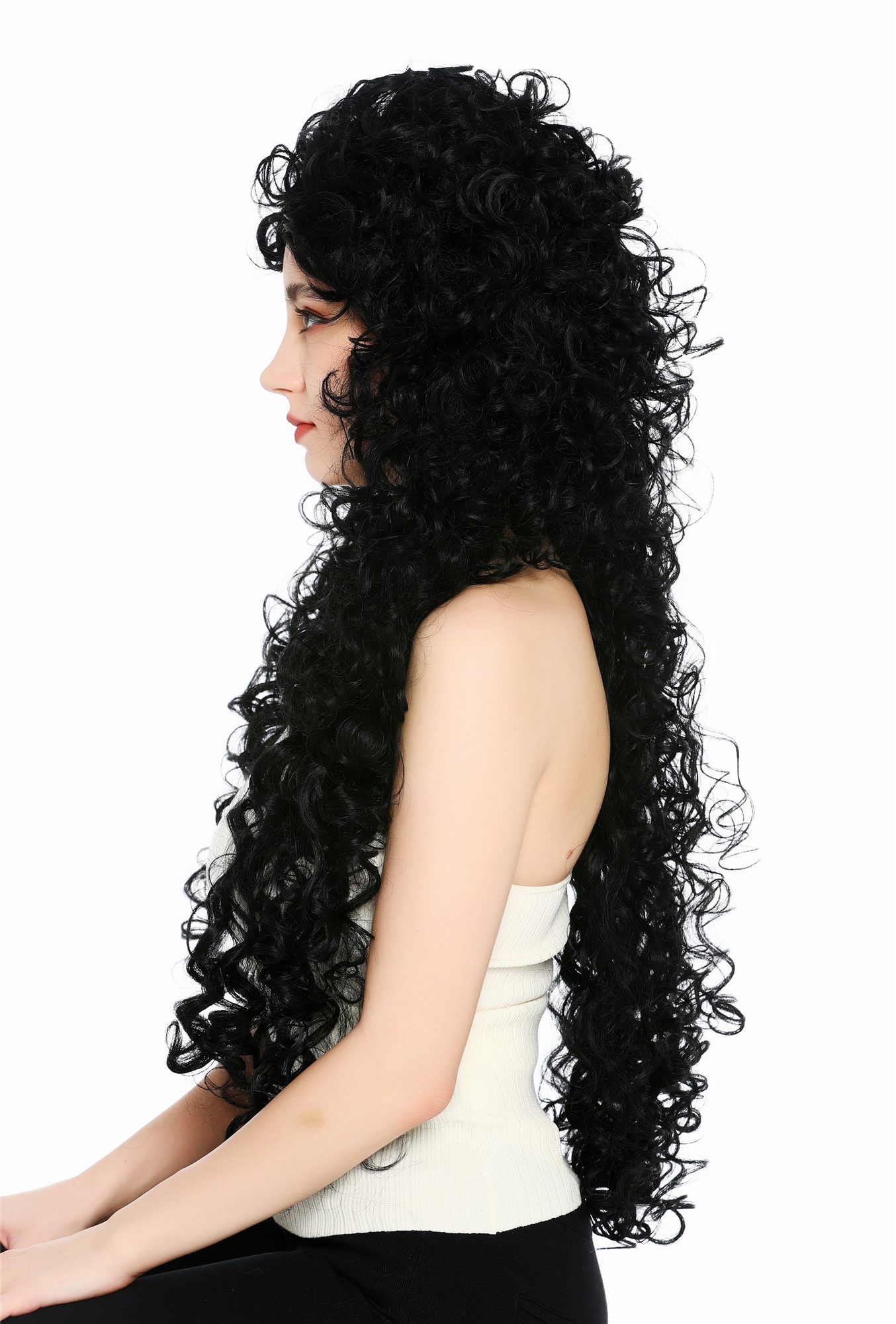 Perücke Damen sehr lang wild gelockt Locken Schwarz Tiefschwarz 80 cm VK-59-1