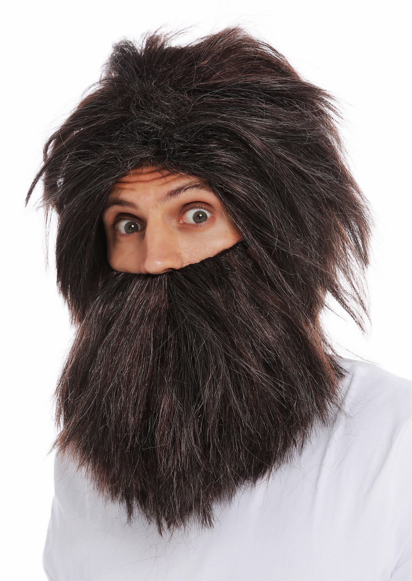 günstige Party Perücke, Perücke Bart Urmensch Neandertaler Wild Braun Mix Grau 6090A+B-P1-P68A-P30, Vorderansicht, WIG ME UP: Ihr Perücken Online Shop glatte Party Perücke Schwarz-Weiß-Kastanienbraun-Mix kurze Haare für Herren