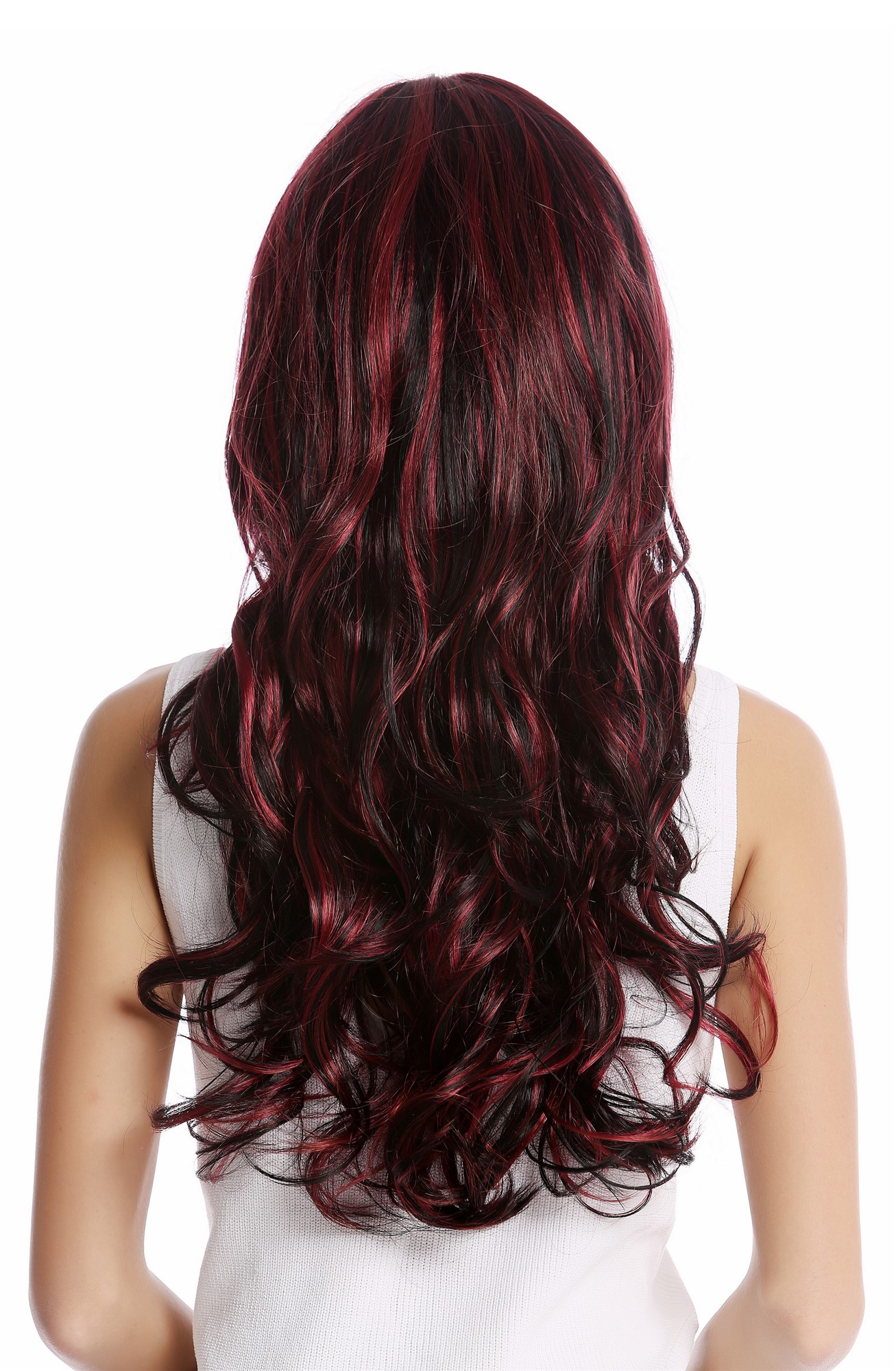 Lady  Wig long wavy slight curl bangs black streaked with burgundy red highlights, view 4, WIG ME UP: Your Perücken Online Shop Quality Wigs, Ladies, black-red mix, wavy, long