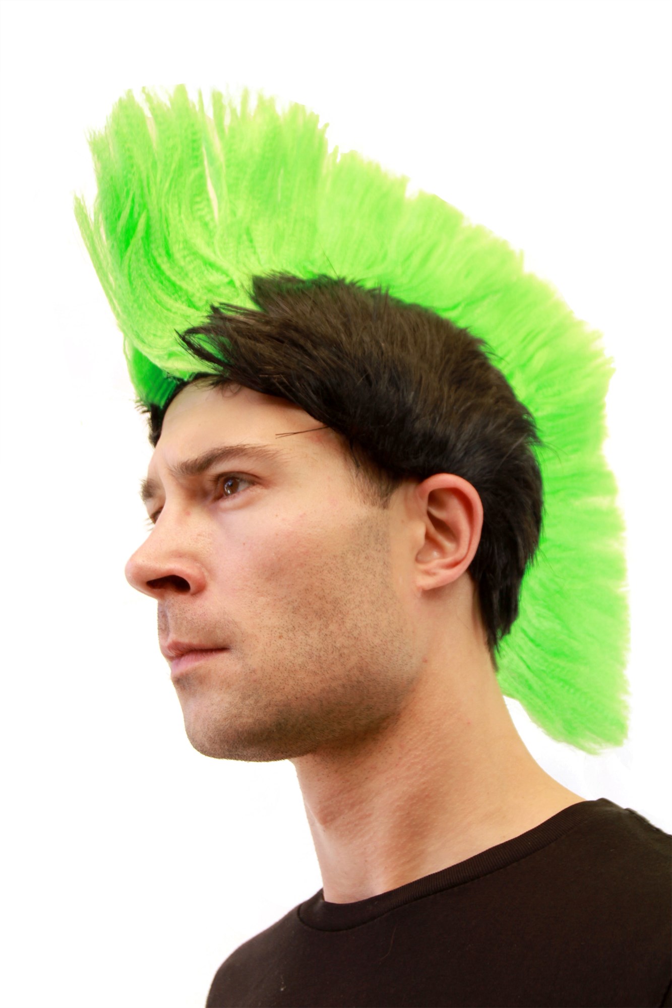 Party Halloween wig men women Mohawk Punk 70's 80's green on black LM-420, front view, WIG ME UP: Your Perücken Online Shop Party Wig, Men, Green, straight, short