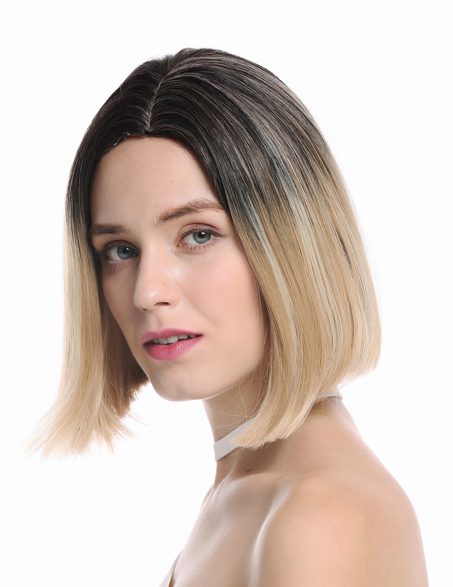 Lady wig short longbob middle parting sleek ombre black blond highlights GFW2933, view 3, WIG ME UP: Your Perücken Online Shop Quality Wigs, Ladies, brown-blonde-black mix, straight, short