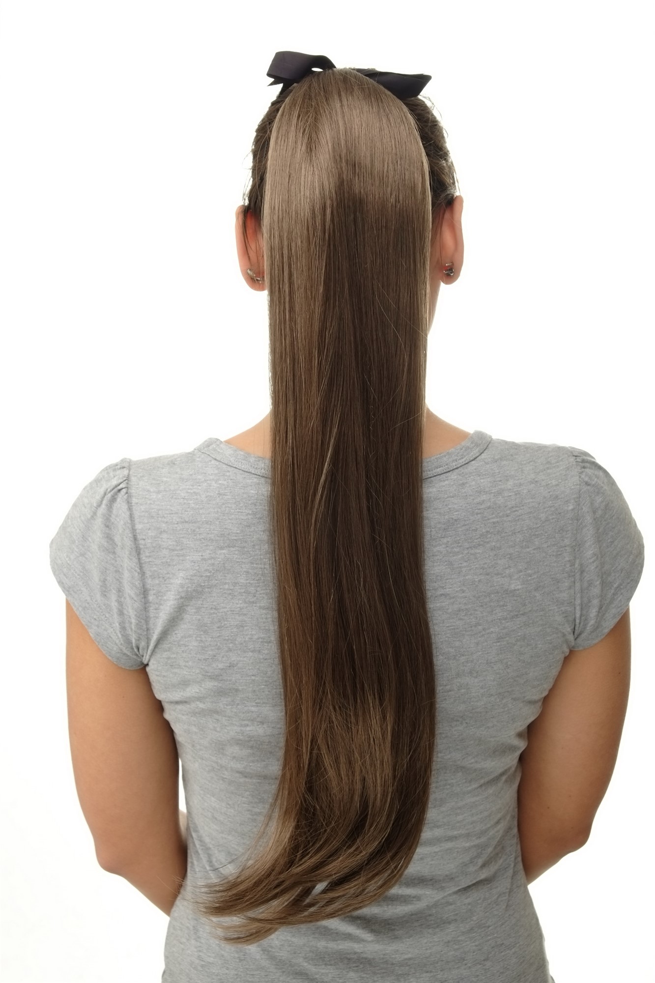 Hairpiece PONYTAIL (comb & ribbon wrap-around system) extension full volume long straight brown, front view, WIG ME UP: Your Perücken Online Shop Ponytails, dark golden brown, straight, long