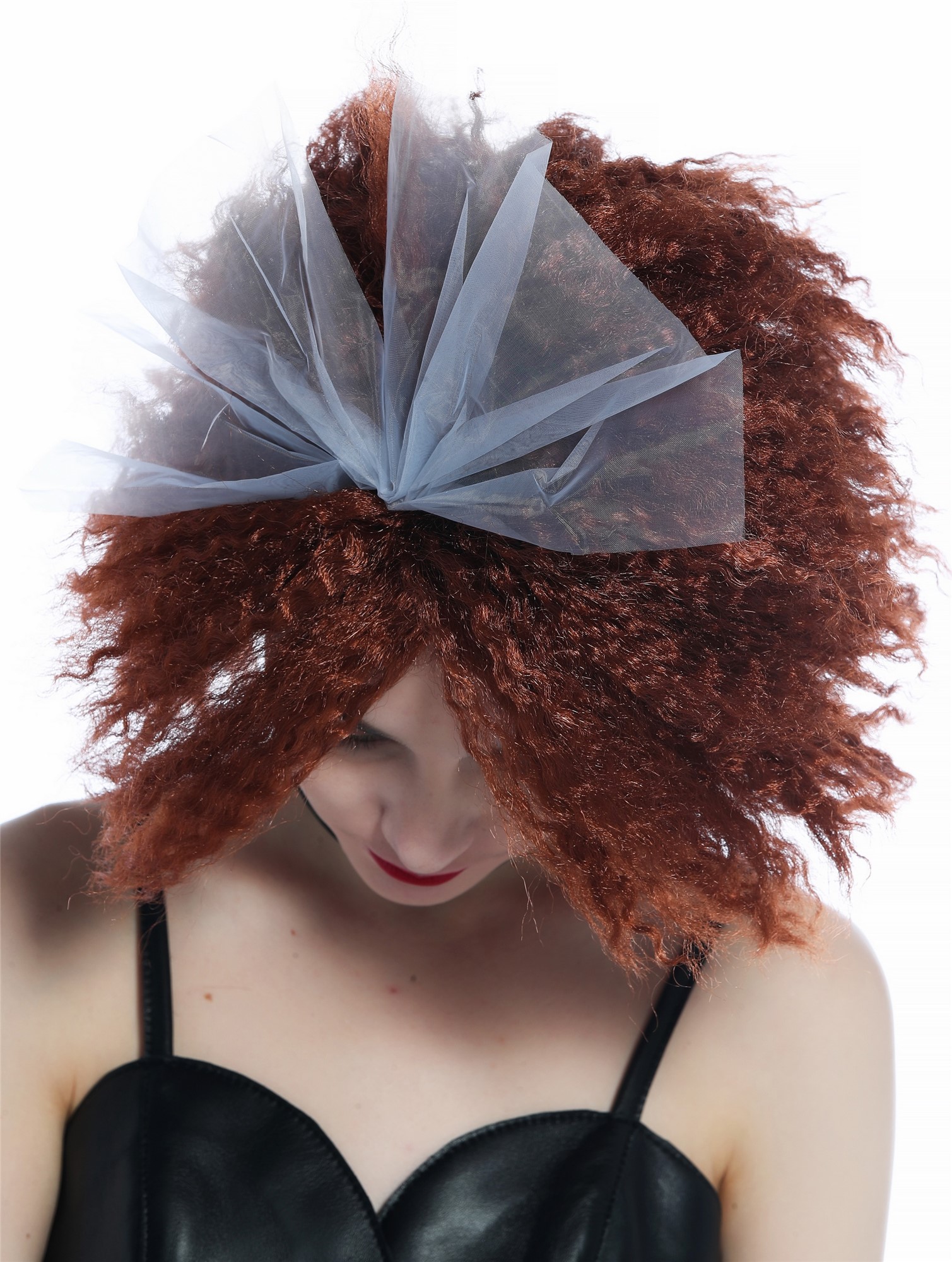 günstige Party Perücke, Perücke Braun gekreppt Krepplocken wild voluminös 80er Jahre Schleife 91874-P33A, Ansicht 3, WIG ME UP: Ihr Perücken Online Shop lockige Party Perücke Mahagoni schulterlange Haare für Damen