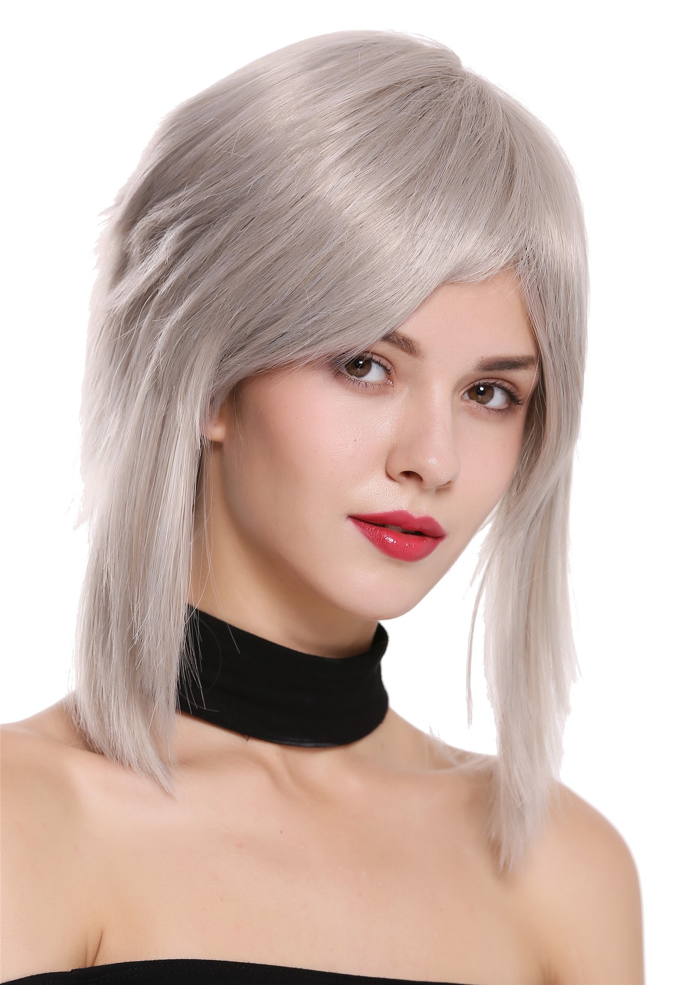 hochwertige Qualitätsperücken, Perücke kurz grau gestuft wild Cosplay SA090-M2, Vorderansicht, WIG ME UP: Ihr Perücken Online Shop wellige Tressen-Perücke Aschgrau kurze Haare für Damen