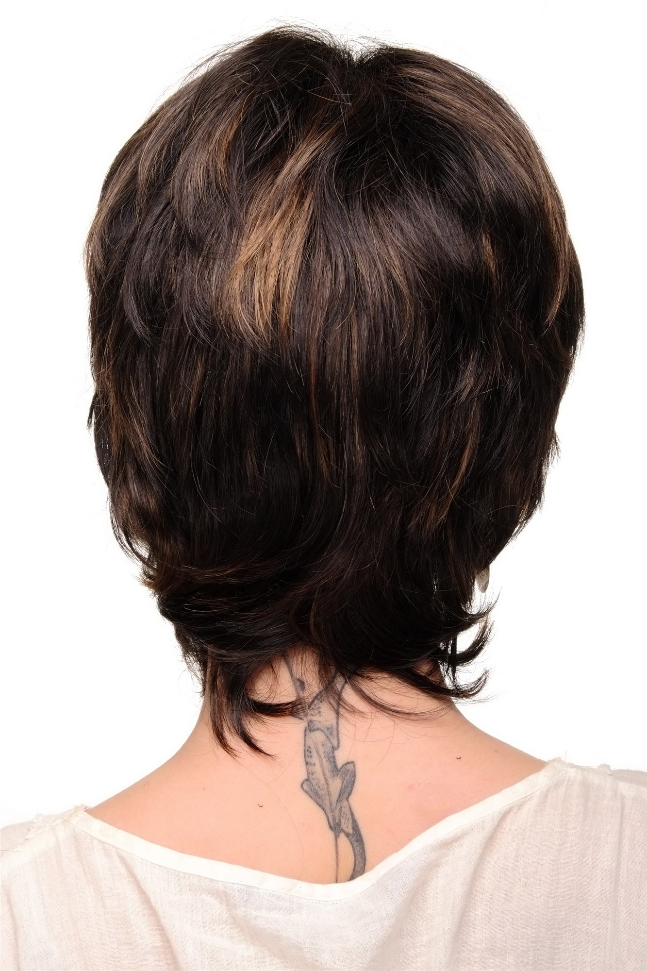 hochwertige Qualitätsperücken, Damenperücke kurz braun Scheitel Strähnchen Modell: TYW60311, Ansicht 4, WIG ME UP: Ihr Perücken Online Shop glatte Tressen-Perücke Mittelbraun kurze Haare für Damen