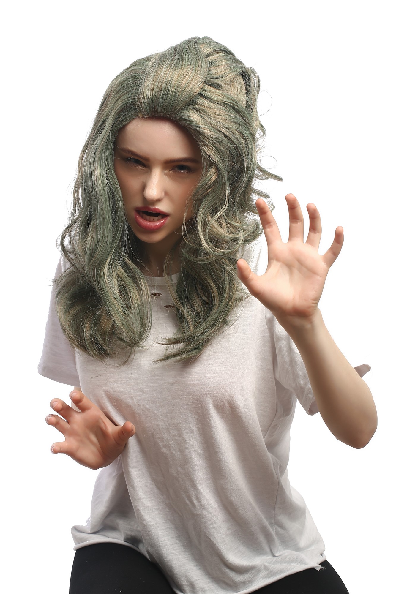 günstige Party Perücke, Perücke Grau Grün Nixe Meerjungfrau 90890-ZA30A-ZA94A-ZA68E, Vorderansicht, WIG ME UP: Ihr Perücken Online Shop wellige Party Perücke Grau,Grün lange Haare für Damen