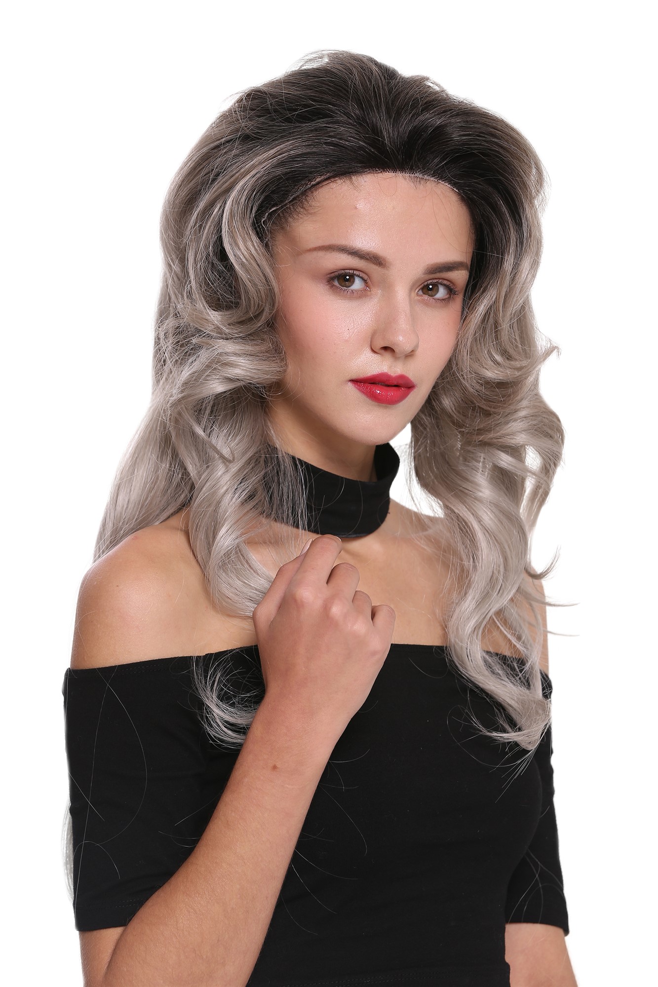 Lady wig lace front monofilament long backcombed ombre black grey mix DW2536-MF, front view, WIG ME UP: Your Perücken Online Shop Quality Wigs, Ladies, matte gray-deep black mix, wavy, long