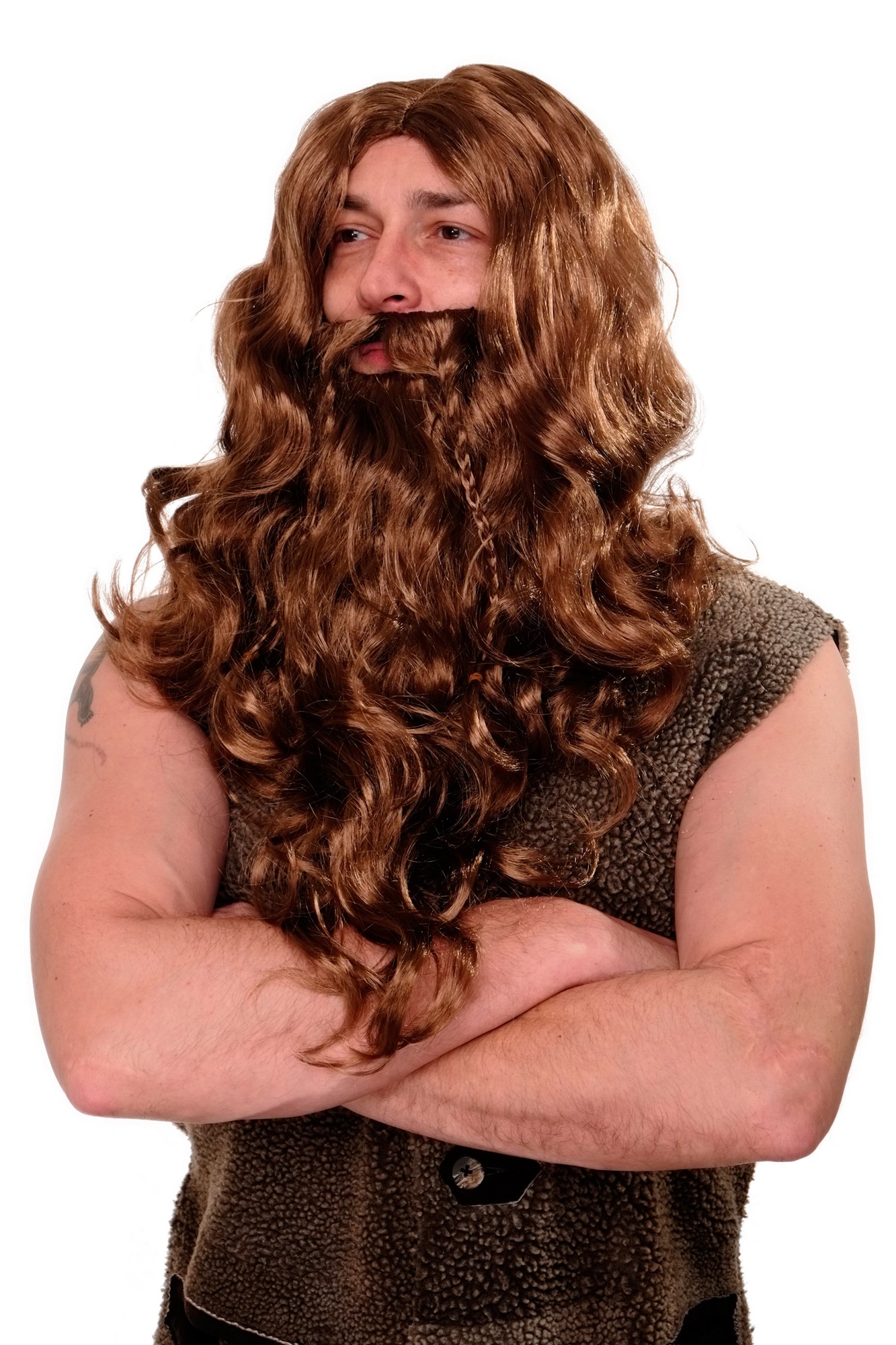 Wig & Beard Carnival Viking Chieftain Barbarian Berzerker Dwarf brown men WIG007, front view, WIG ME UP: Your Perücken Online Shop Party Wig, Men, Brown, Braided, long