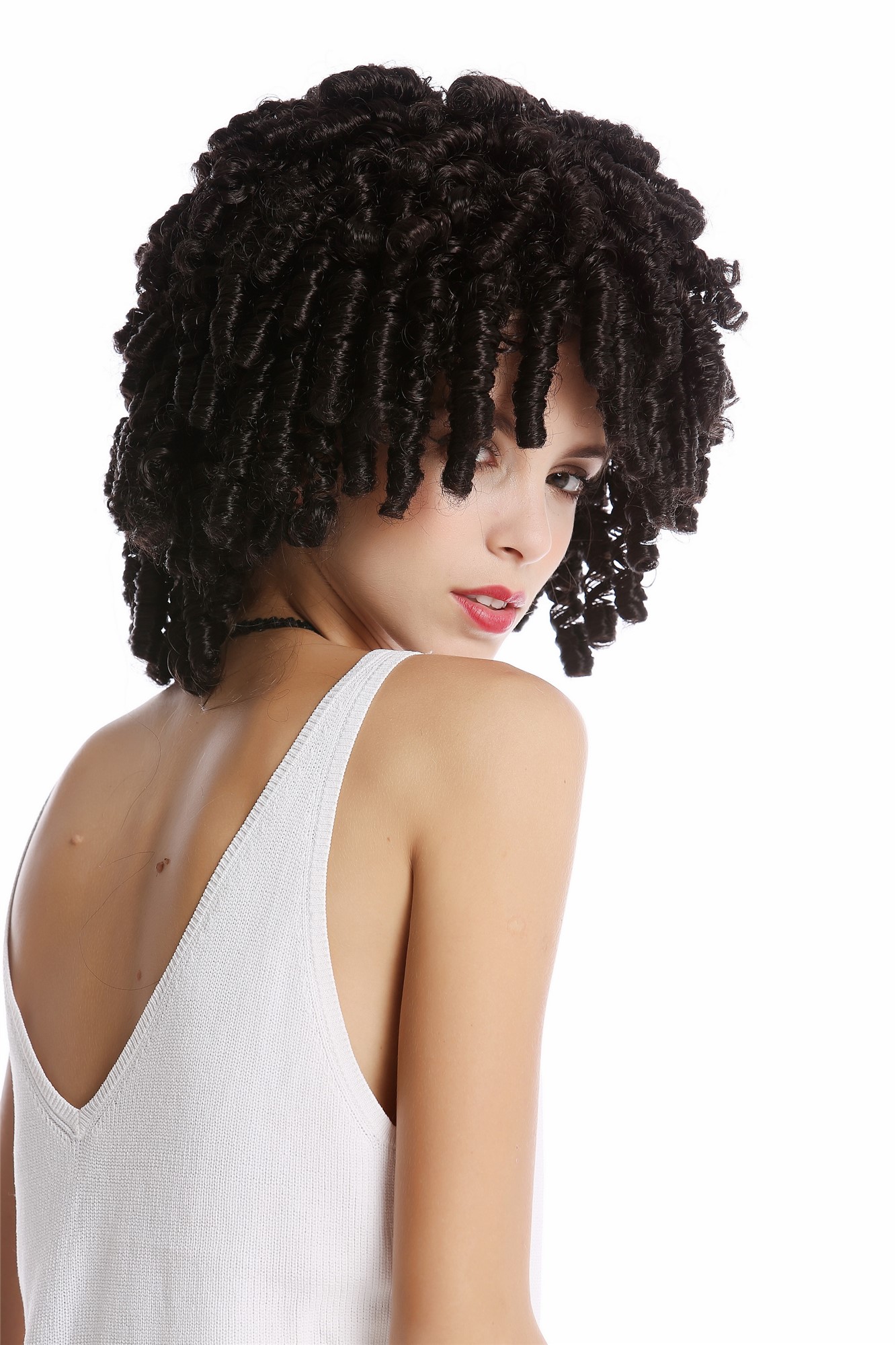 günstige Party Perücke, Perücke Karibik Korkenzieher Locken Schwarz MH-07-P1, Vorderansicht, WIG ME UP: Ihr Perücken Online Shop lockige Party Perücke Schwarz schulterlange Haare für Damen