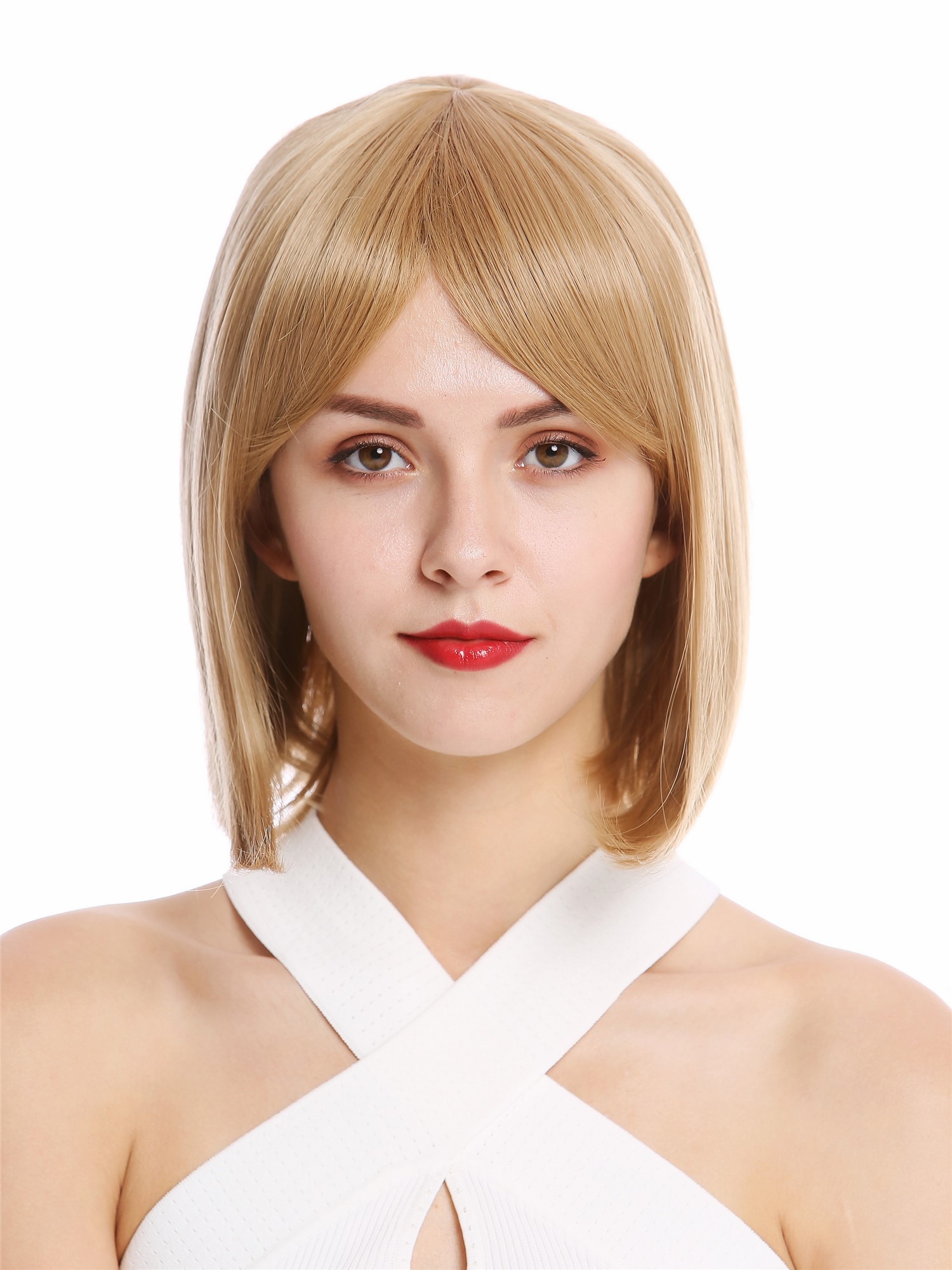 hochwertige Qualitätsperücken, Perücke kurz Longbob Pony glatt YZF-4366-M27, Vorderansicht, WIG ME UP: Ihr Perücken Online Shop glatte Tressen-Perücke mit Kopfhaut-Imitat Kupferblond kurze Haare für Damen