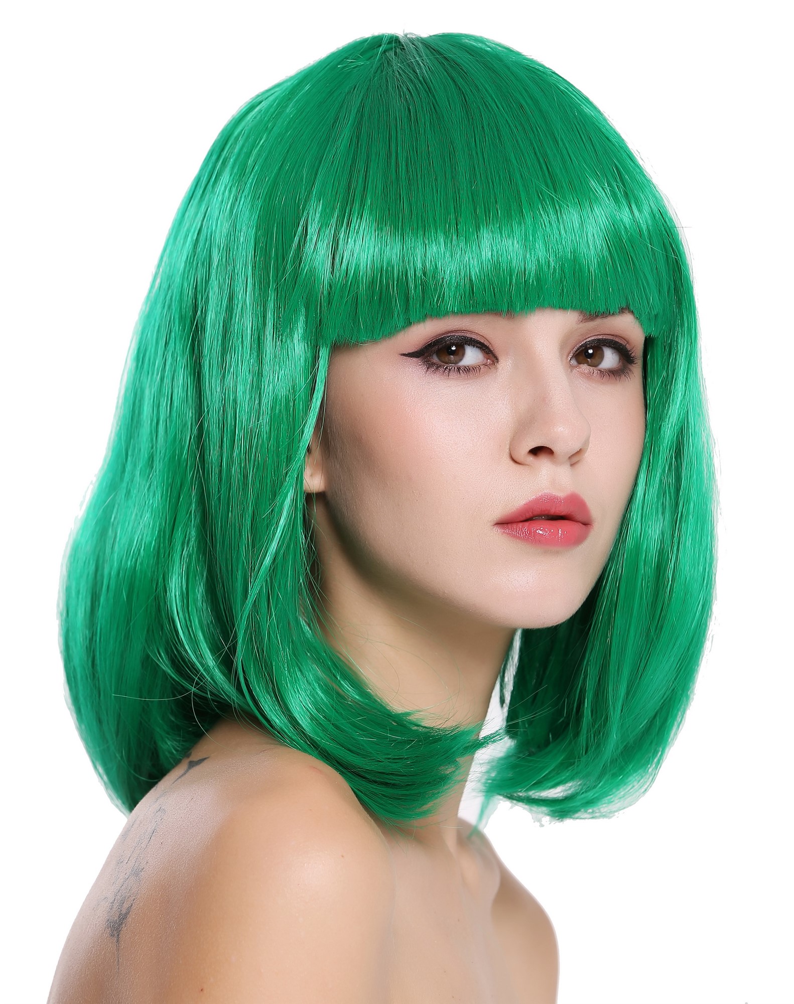 Lady Wig Halloween Carnival Disco bob longbob shoulder length bangs green 0073, front view, WIG ME UP: Your Perücken Online Shop Party Wig, Ladies, Green, straight, shoulder-length