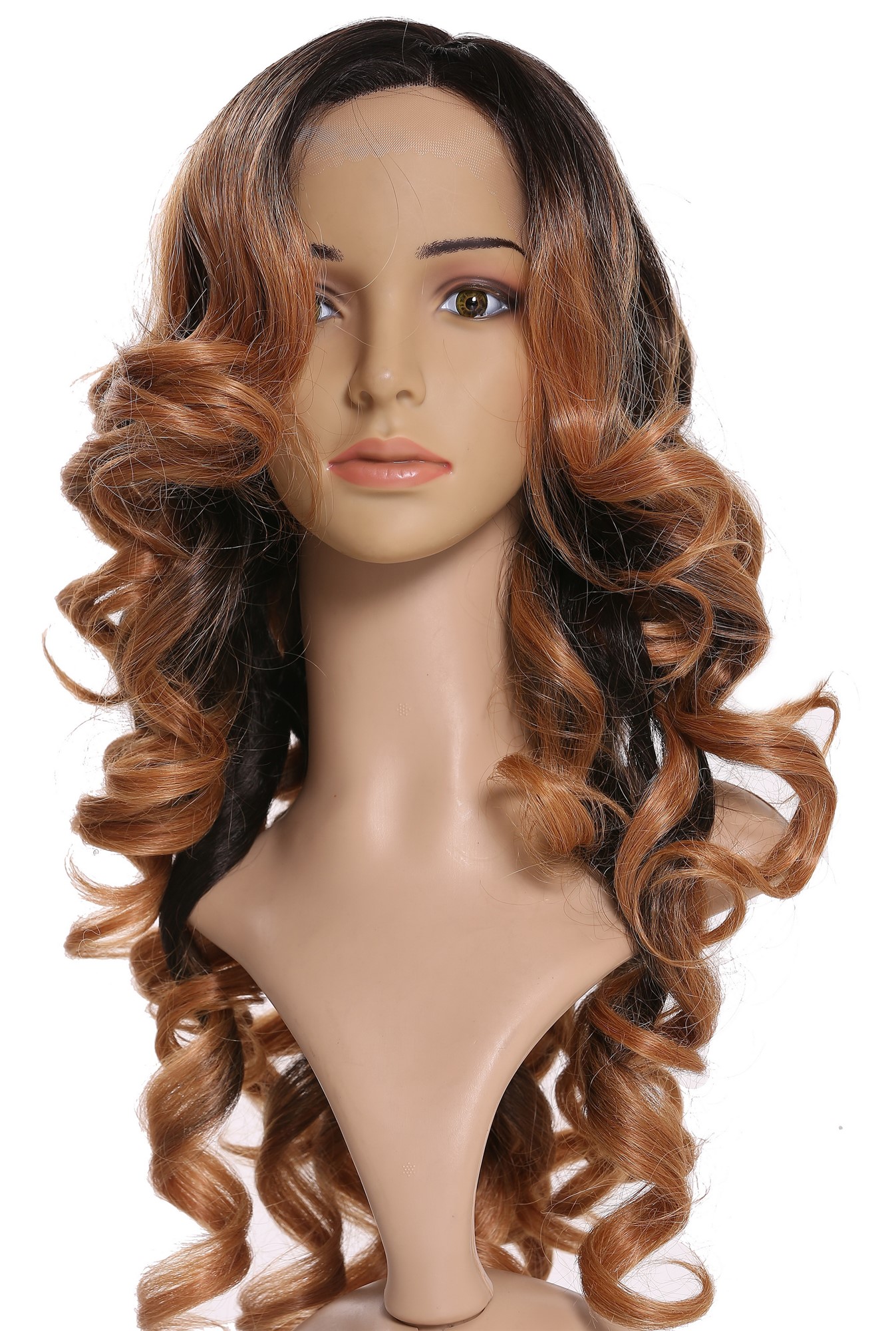hochwertige Qualitätsperücken, Perücke Lace-Front Mono Locken Ombre Schwarz Kupfer DW-2163-LF-B-27CYS2, Ansicht 7, WIG ME UP: Ihr Perücken Online Shop lockige Tressen-Perücke mit Kopfhaut-Imitat mit Kopfhaut-Imitat und Front-Lace Erdbeerblond-Schwarzbraun-Mix lange Haare für Damen