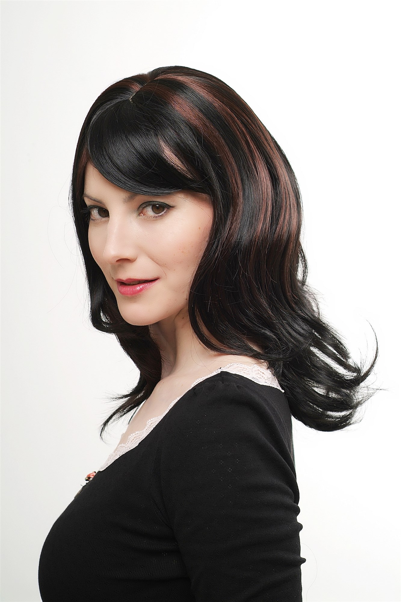 Lady women wig meedium long cute parting wavy black mahagony brown highlights, view 4, WIG ME UP: Your Perücken Online Shop Quality Wigs, Ladies, velvet black-chestnut mix, wavy, long