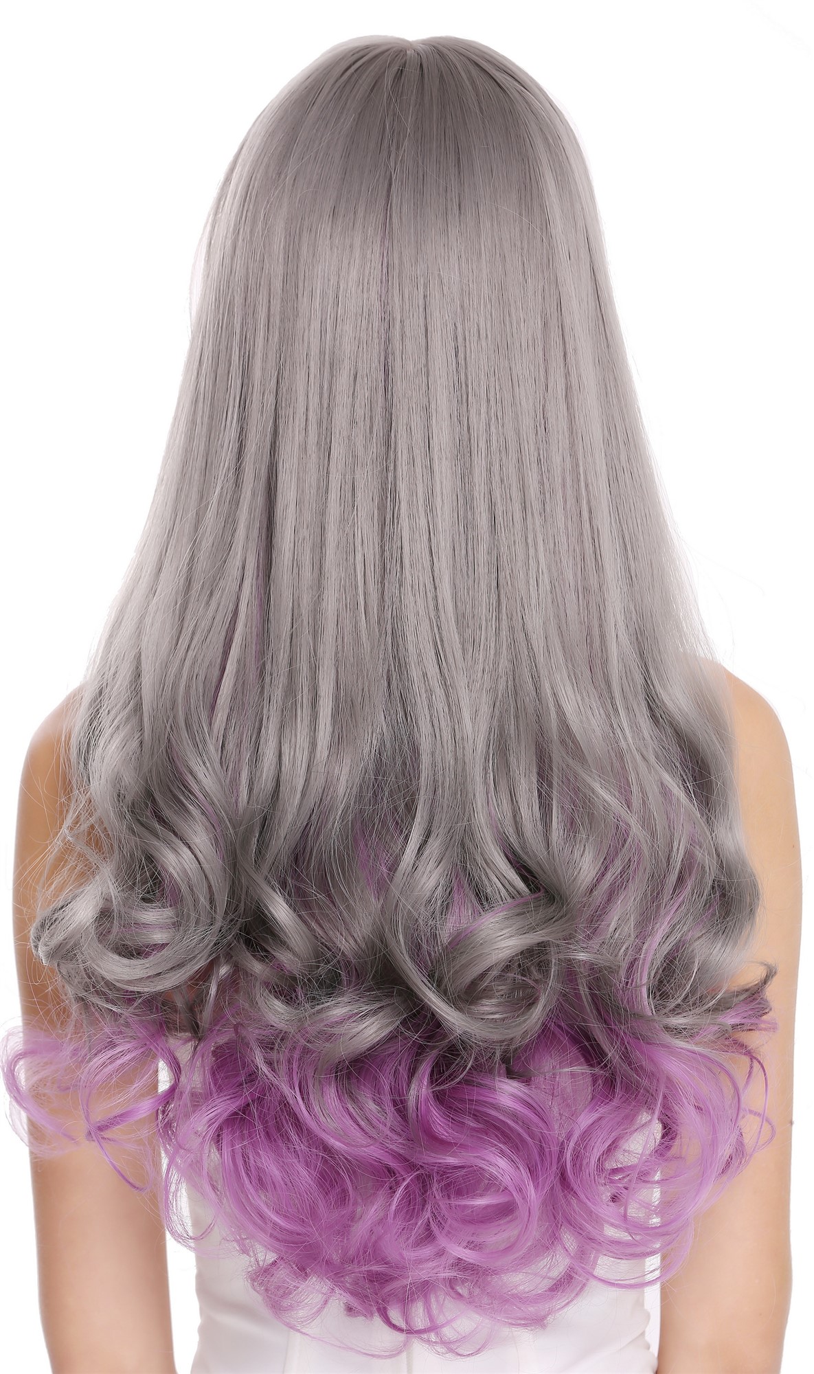 hochwertige Qualitätsperücken, Perücke Lang Glatt Lockig Pony Grau Violett D1819-10AT366, Ansicht 4, WIG ME UP: Ihr Perücken Online Shop lockige Tressen-Perücke mit Kopfhaut-Imitat Aschgrau-Indigoviolett-Mix lange Haare für Damen