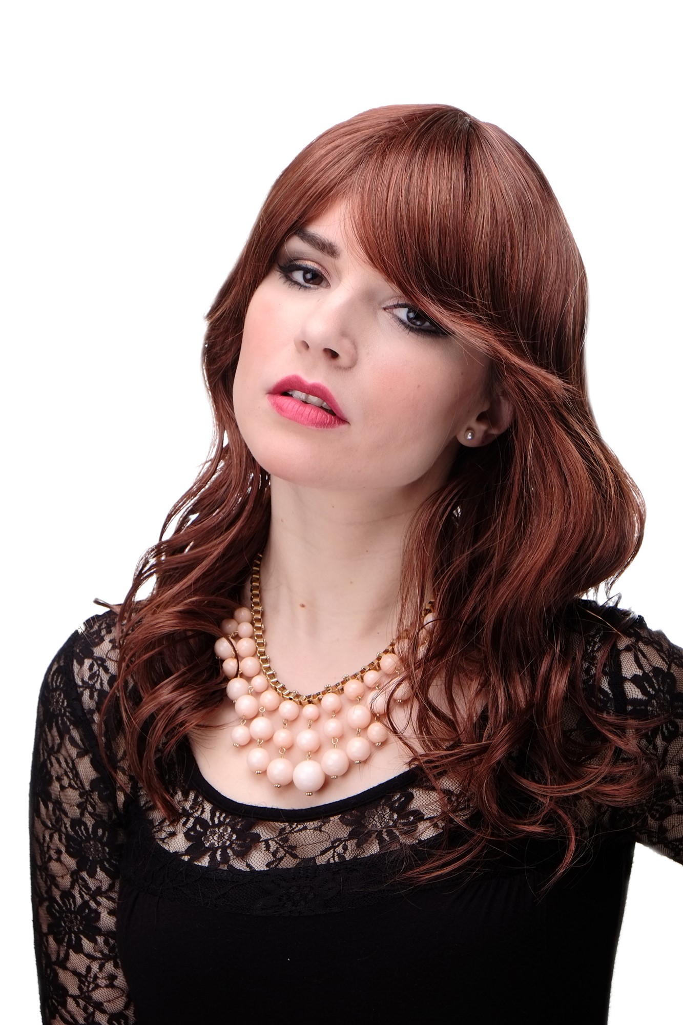 Lady women wig wavy stringy wet look fringe bangs parted mahogany red ...