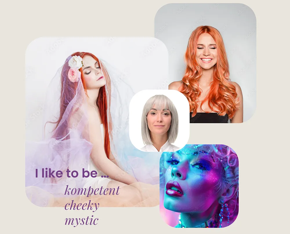 Footer Damenperücken 4 Bilder von Frauen mit Perücken: Rot-Orange Haare mit Locken, Silbergrauer Longbob, rote glatte Haare geziert mit Blumen, blau-lila Bild mit Kurzhaarperücke