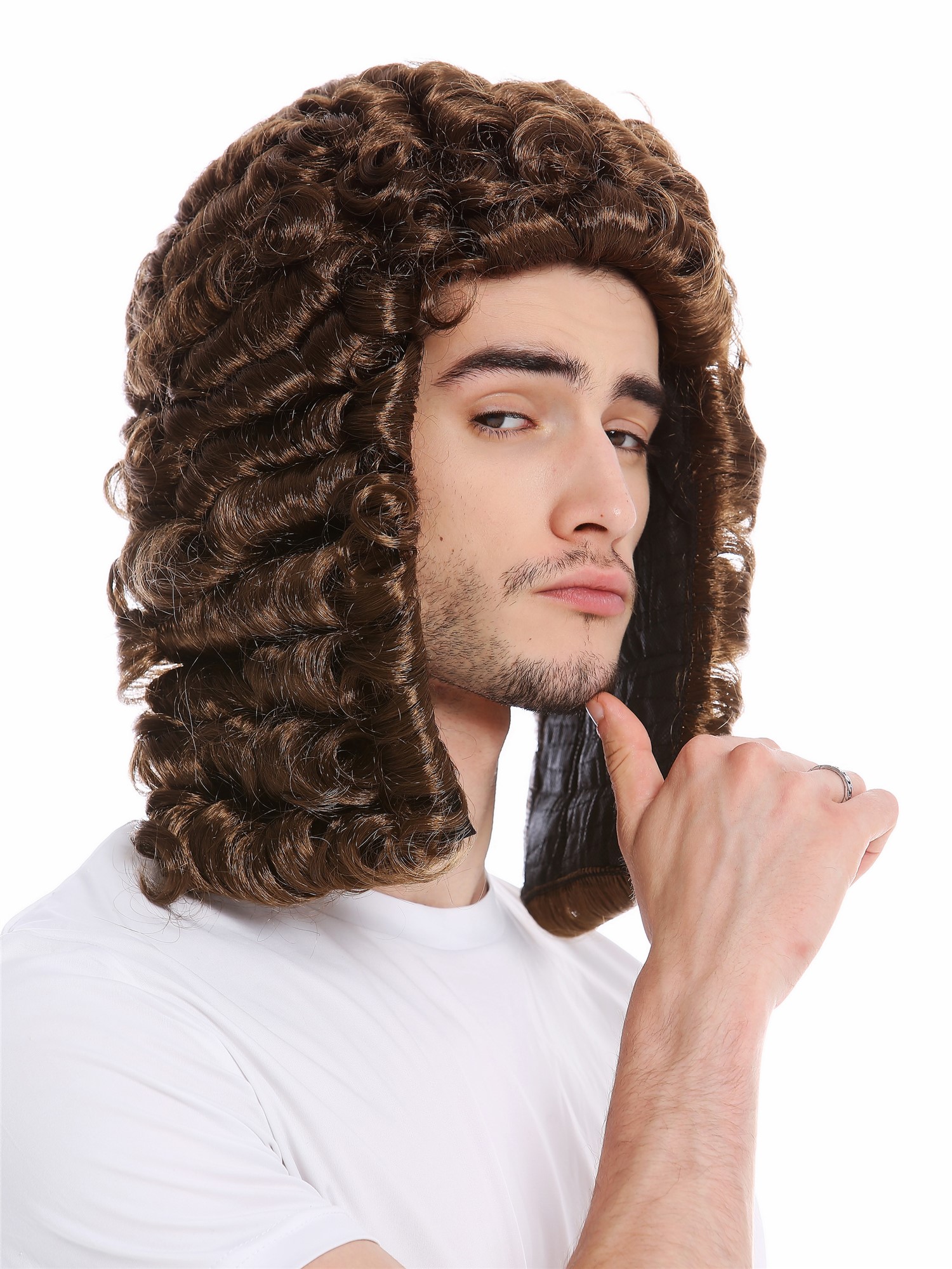 Men Party Wig Halloween historic Baroque Victorian Lord Judge curls brown PW0171, front view, WIG ME UP: Your Perücken Online Shop Party Wig, Men, Brown, curled, shoulder-length