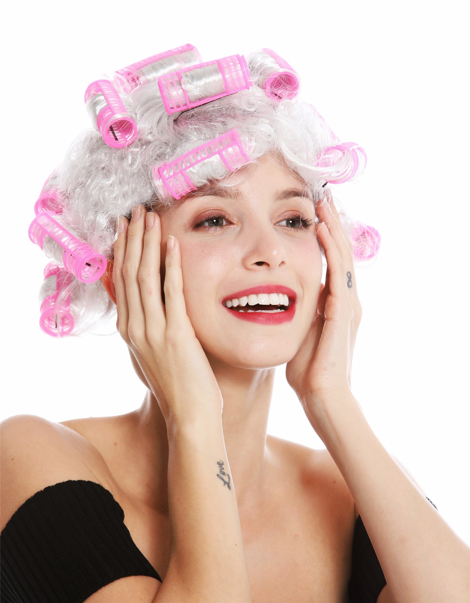 Women's party wig housewife hair rollers grey white grey light grey trashy 4204, view 3, WIG ME UP: Your Perücken Online Shop Party Wig, Ladies, light gray, curled, short