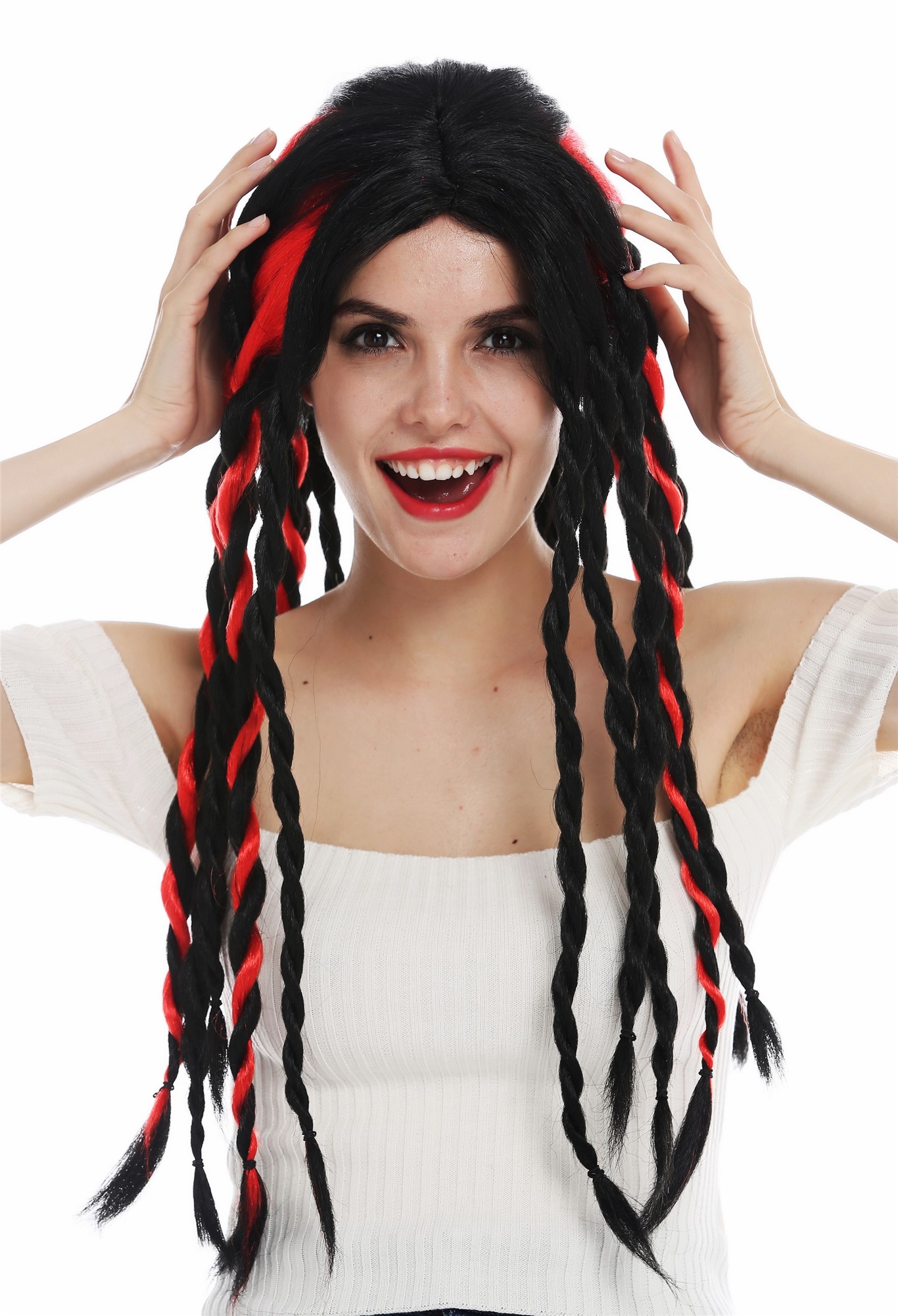 Women's wig Halloween braided plaited rasta dreadlocks long black red punk 69023, front view, WIG ME UP: Your Perücken Online Shop Party Wig, Ladies, deep black and bright red mix, Braided, long