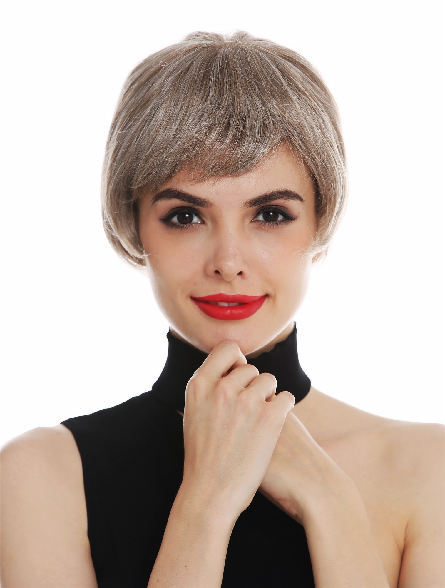 hochwertige Qualitätsperücken, Perücke Monofilament kurz Pagenkopf glatt Blond-Mix gesträhnt SARA-MT-PEARLMIX, Vorderansicht, WIG ME UP: Ihr Perücken Online Shop glatte Tressen-Perücke mit Teil-Mono Oberkopf, Front-Lace, Voll-Mono Blond-Braun-Mix kurze Haare für Damen