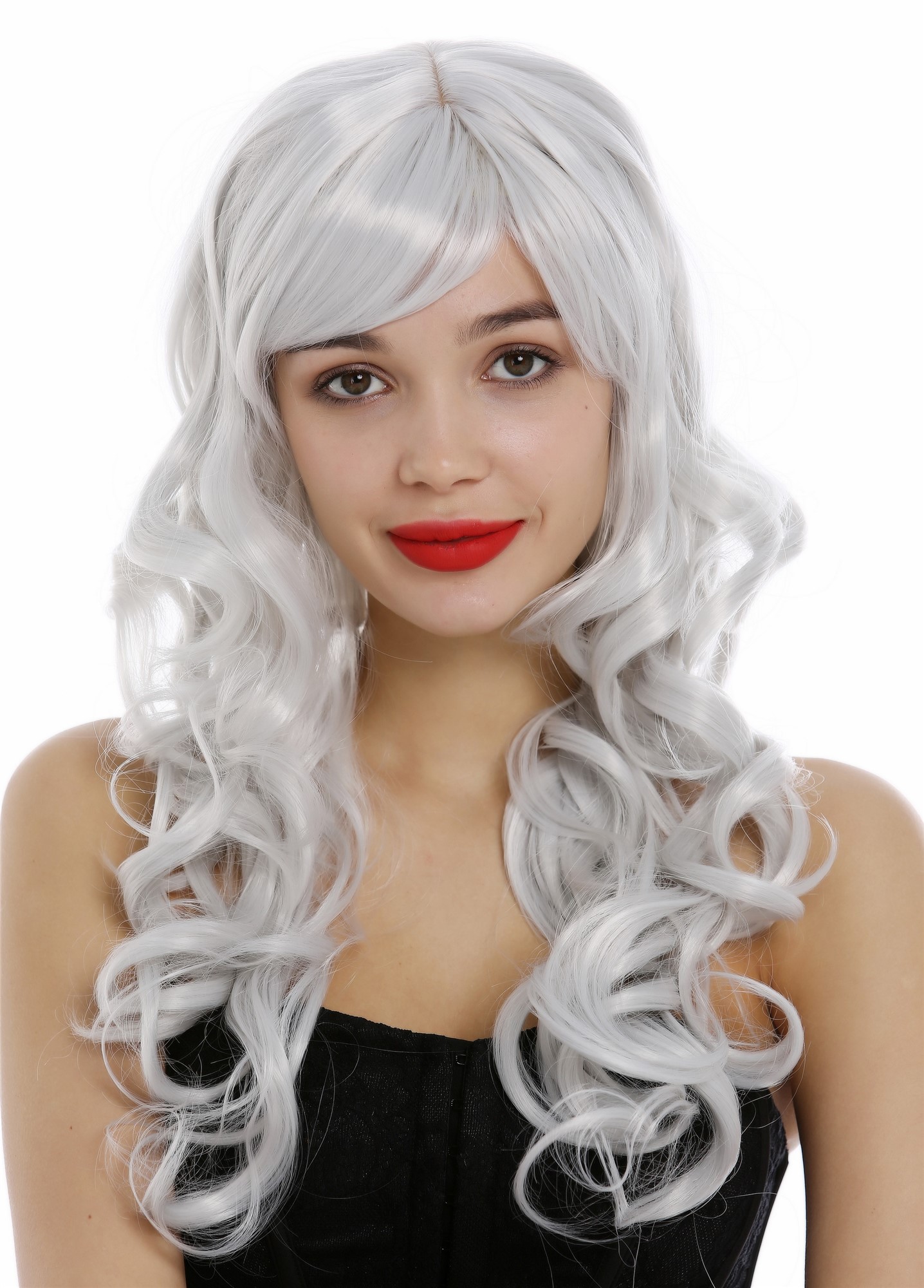 hochwertige Qualitätsperücken, Lange Damen Perücke mit großen kräftigen Locken Pony Weißgrau Grau 285-001, Ansicht 2, WIG ME UP: Ihr Perücken Online Shop lockige Tressen-Perücke mit Kopfhaut-Imitat Weißgrau lange Haare für Damen